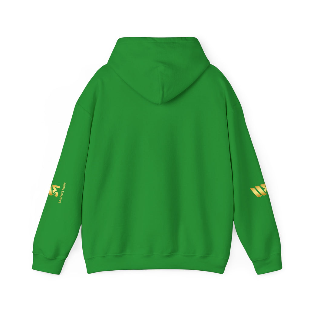 Minimal Gold Accent Hoodie — White Pullover with Subtle Geometric & Sleeve Gold Foil
