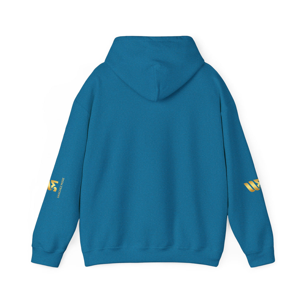 Minimal Gold Accent Hoodie — White Pullover with Subtle Geometric & Sleeve Gold Foil