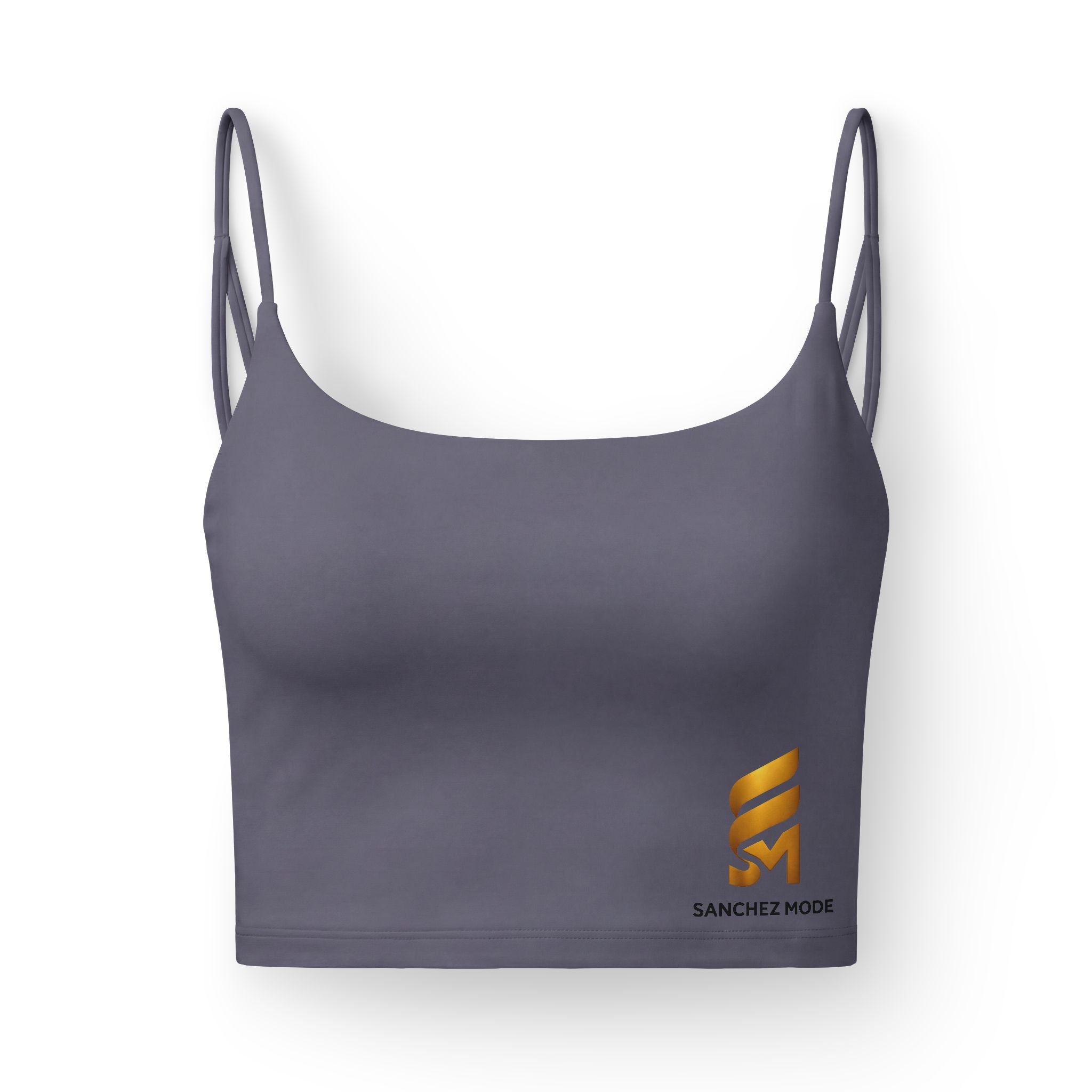 Luxe Strappy Bra — Black Seamless Crop with Gold Logo
