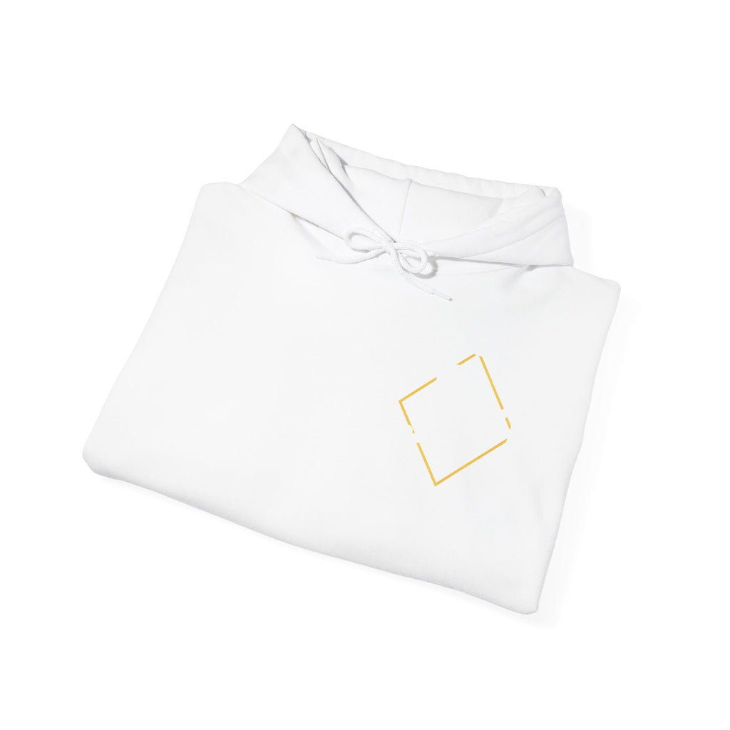 Minimal Gold Accent Hoodie — White Pullover with Subtle Geometric & Sleeve Gold Foil