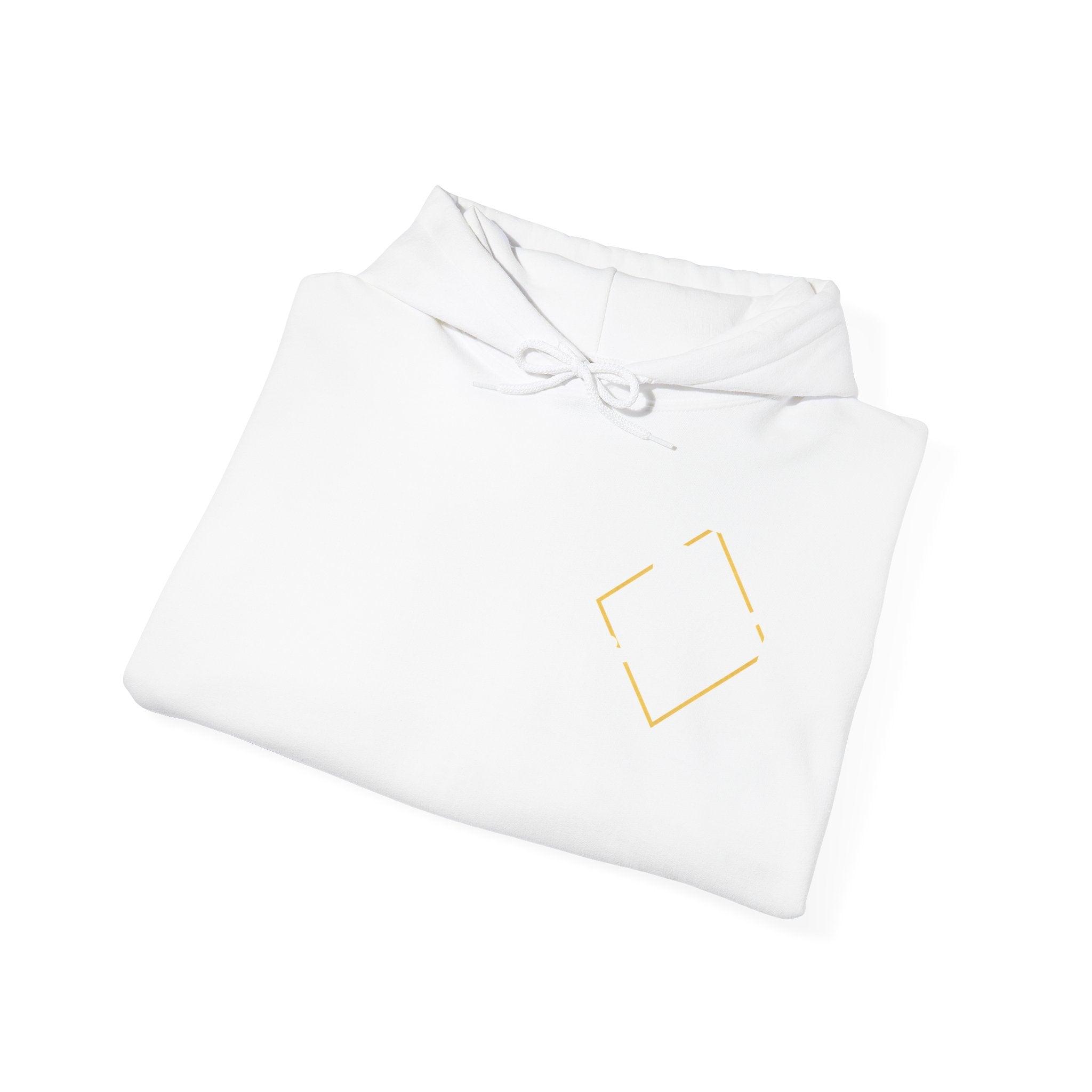 Minimal Gold Accent Hoodie — White Pullover with Subtle Geometric & Sleeve Gold Foil