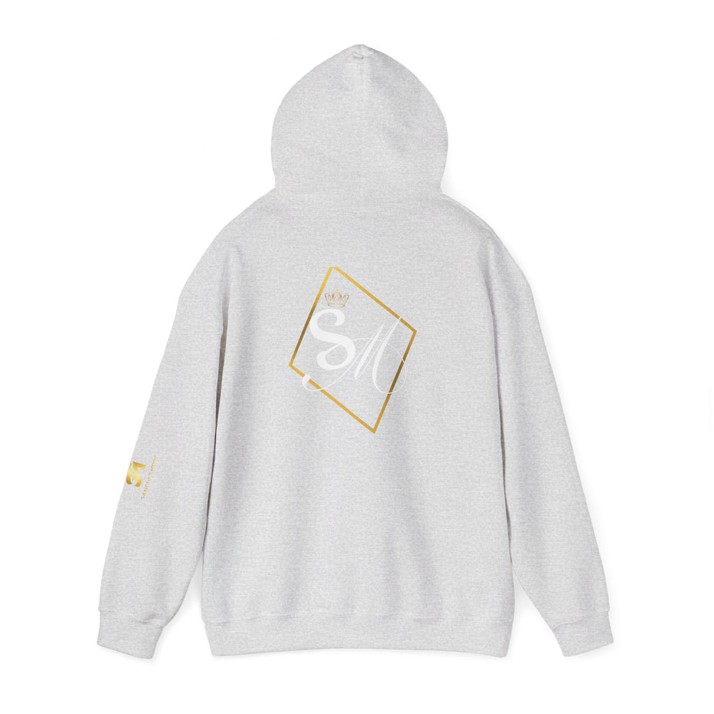 Minimalist Geometric Logo Hoodie — Gold Accent Back & Sleeve Design