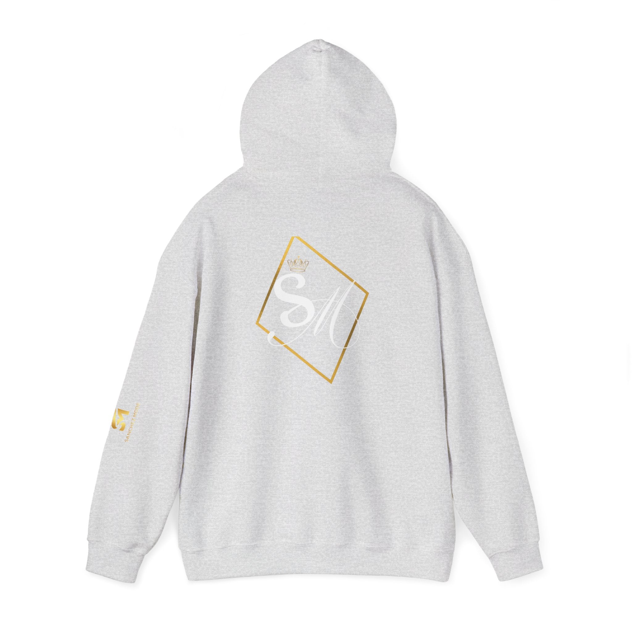 Minimalist Geometric Logo Hoodie — Gold Accent Back & Sleeve Design
