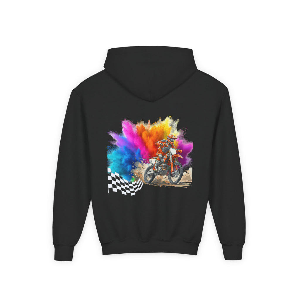Youth Hoodie — Color Explosion Dirt Bike Pullover with Checkered Flag Back Graphic