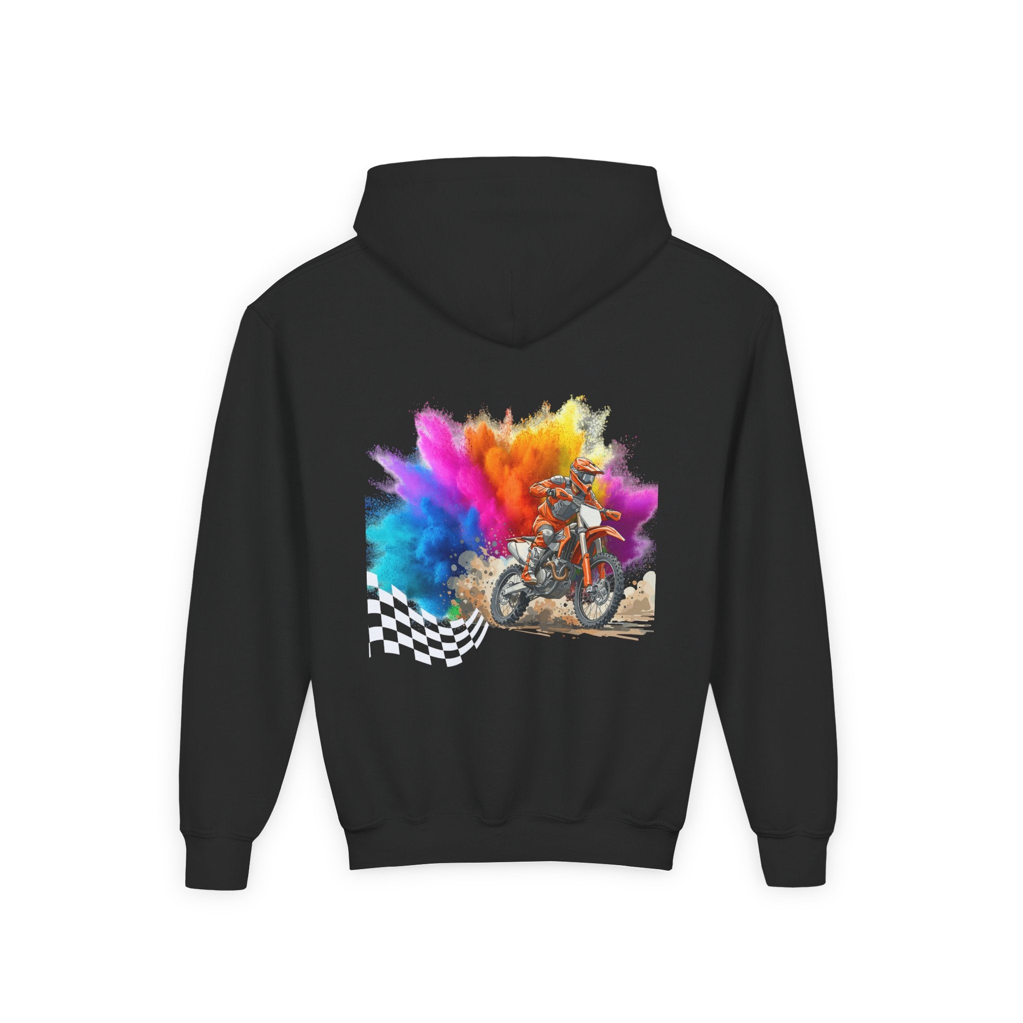 Youth Hoodie — Color Explosion Dirt Bike Pullover with Checkered Flag Back Graphic