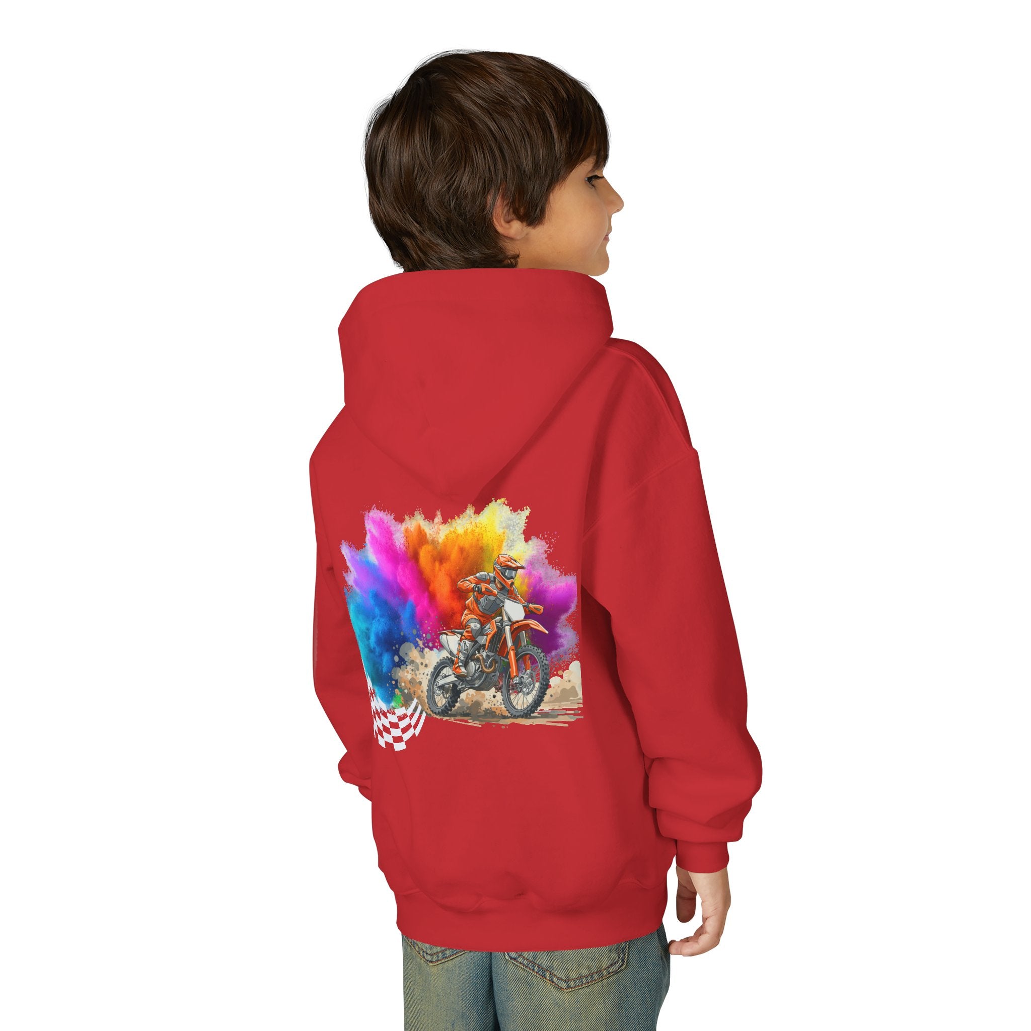Youth Hoodie — Color Explosion Dirt Bike Pullover with Checkered Flag Back Graphic