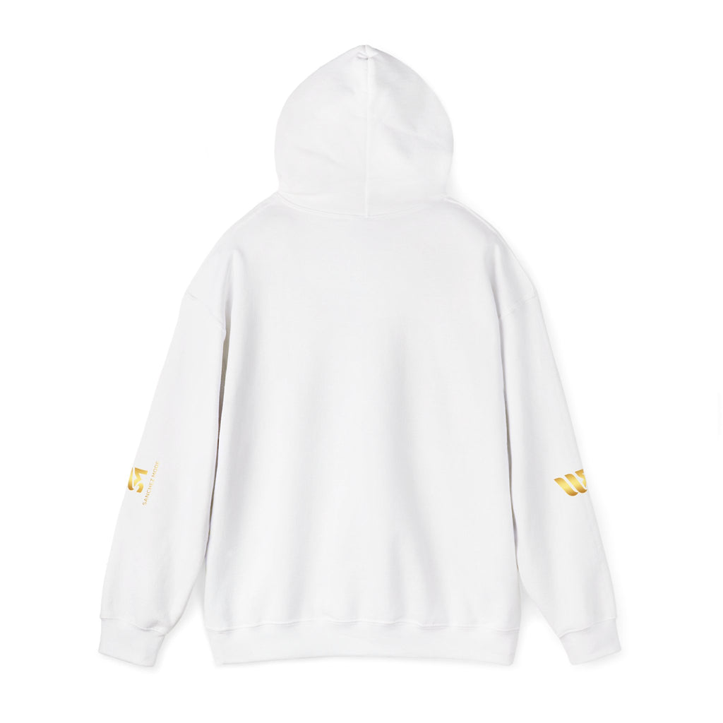 Minimal Gold Accent Hoodie — White Pullover with Subtle Geometric & Sleeve Gold Foil