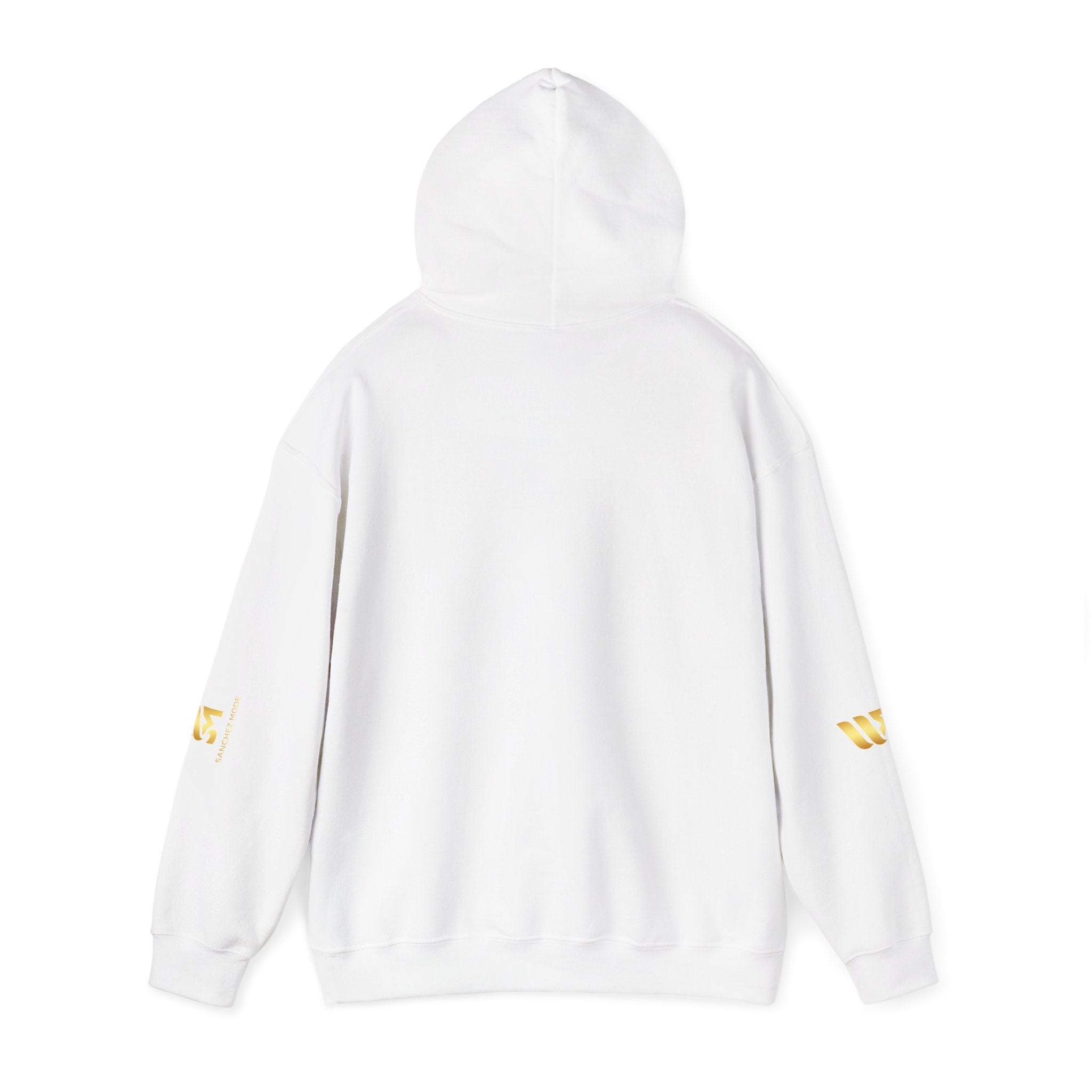 Minimal Gold Accent Hoodie — White Pullover with Subtle Geometric & Sleeve Gold Foil