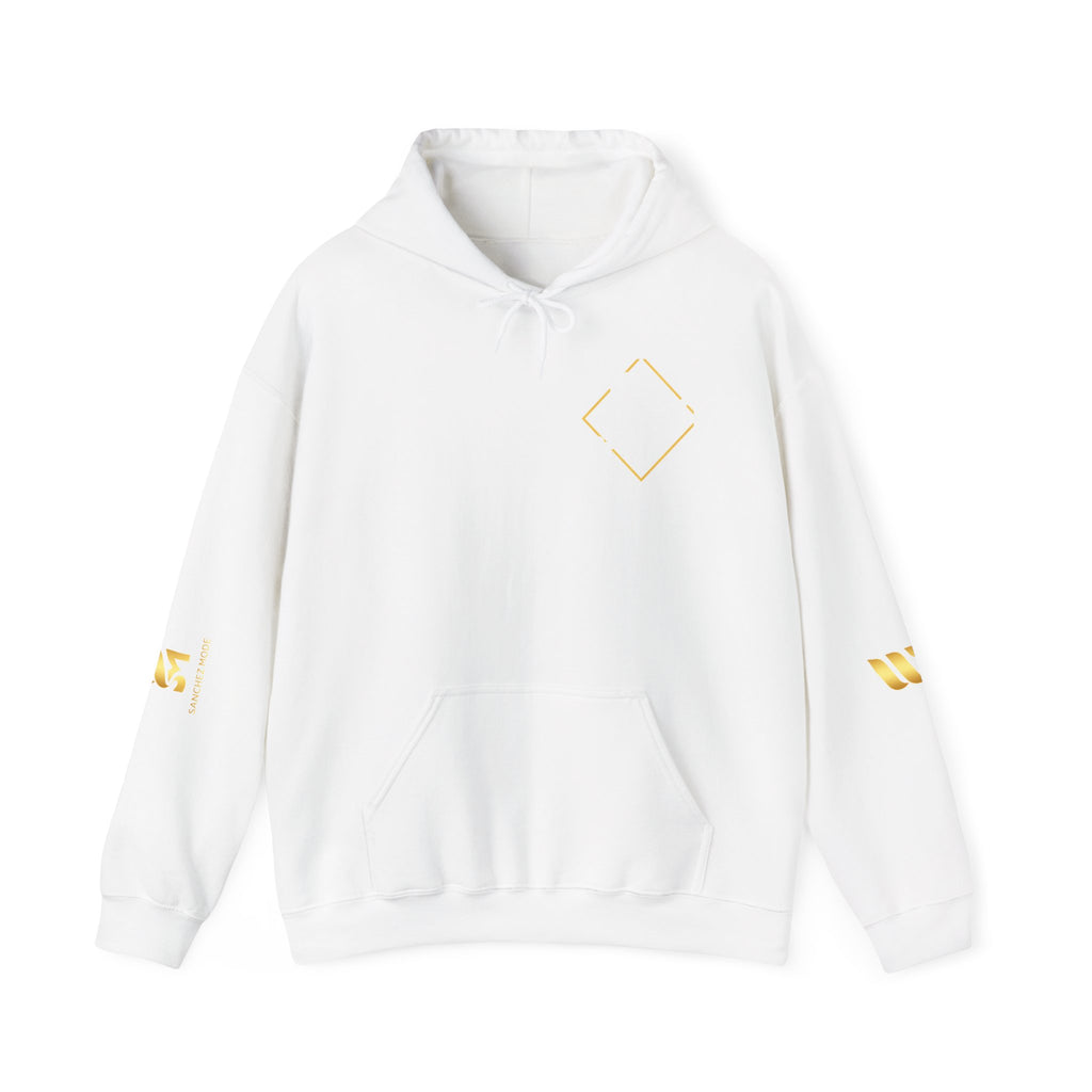 Minimal Gold Accent Hoodie — White Pullover with Subtle Geometric & Sleeve Gold Foil