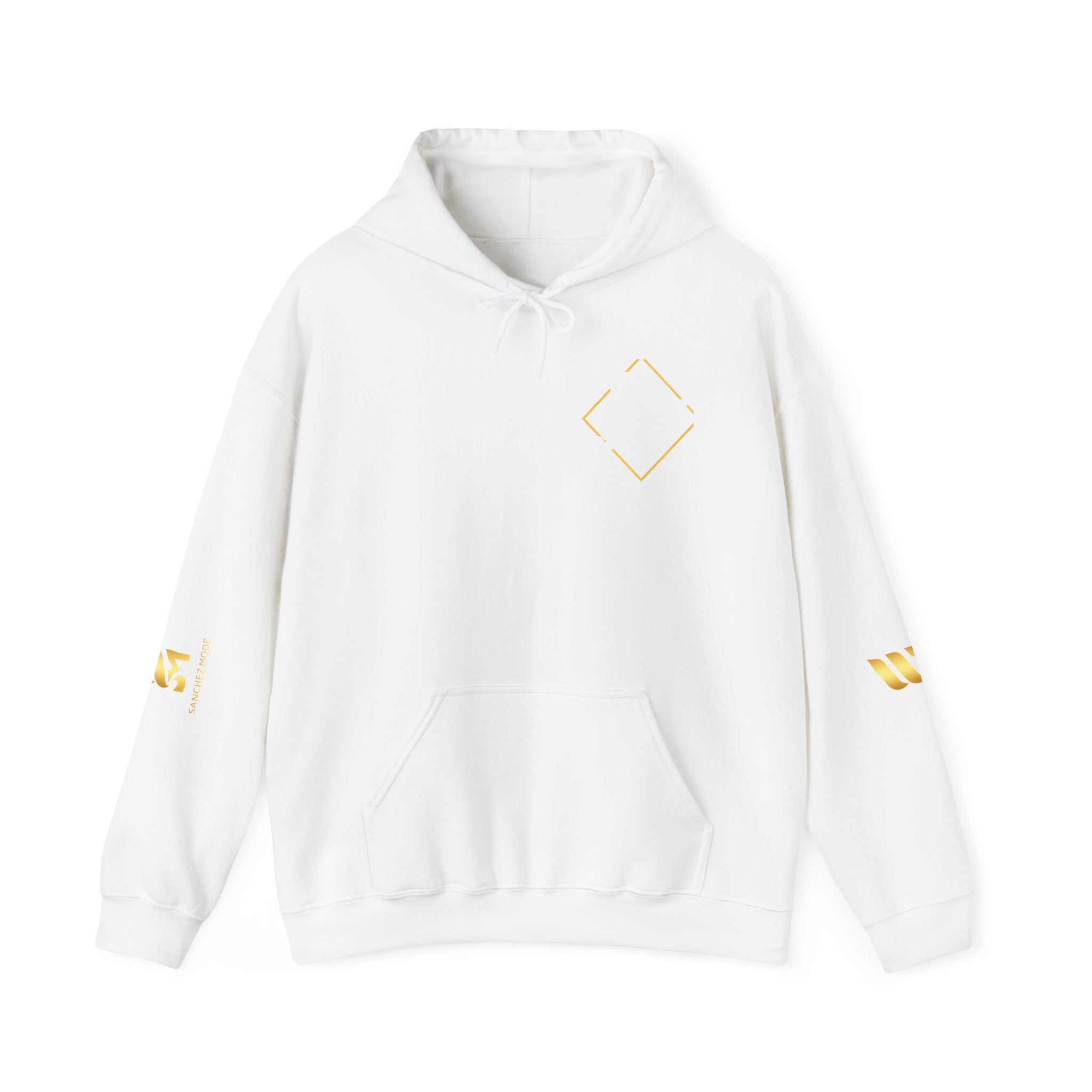Minimal Gold Accent Hoodie — White Pullover with Subtle Geometric & Sleeve Gold Foil