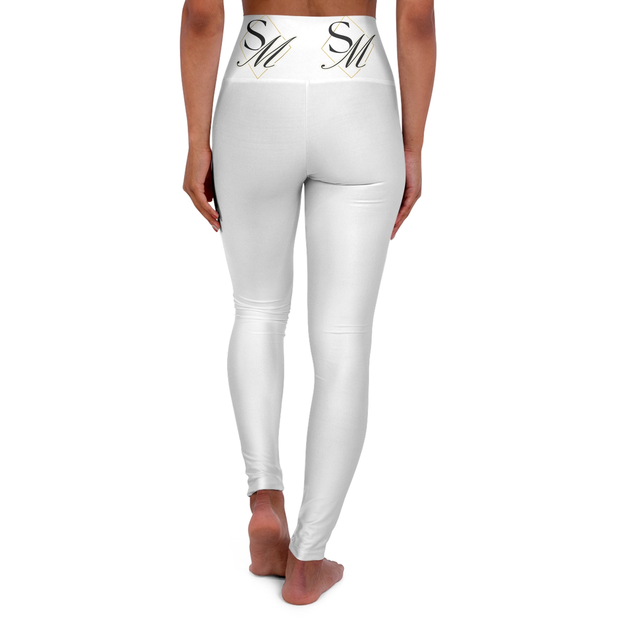 High-Waisted Yoga Leggings — White AOP with Gold Script "SM" Waistband