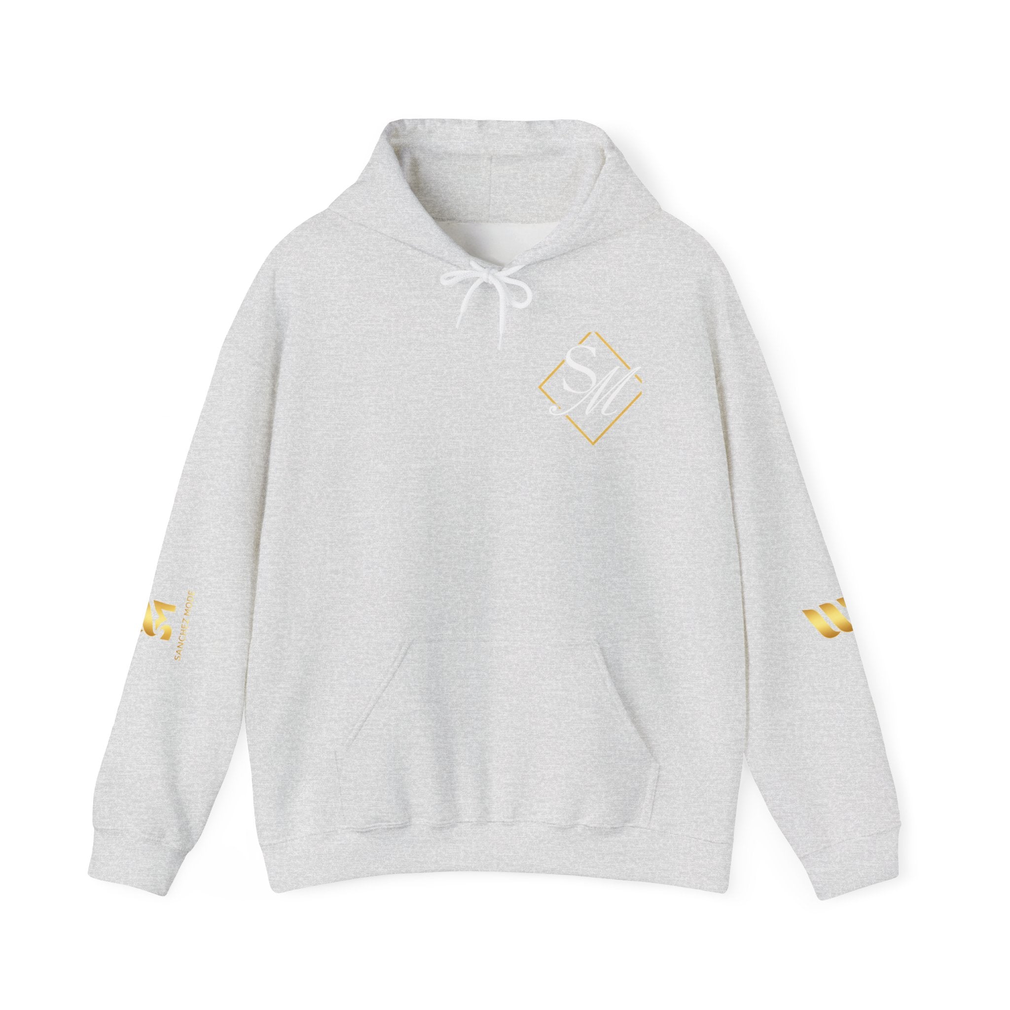 Minimal Gold Accent Hoodie — White Pullover with Subtle Geometric & Sleeve Gold Foil