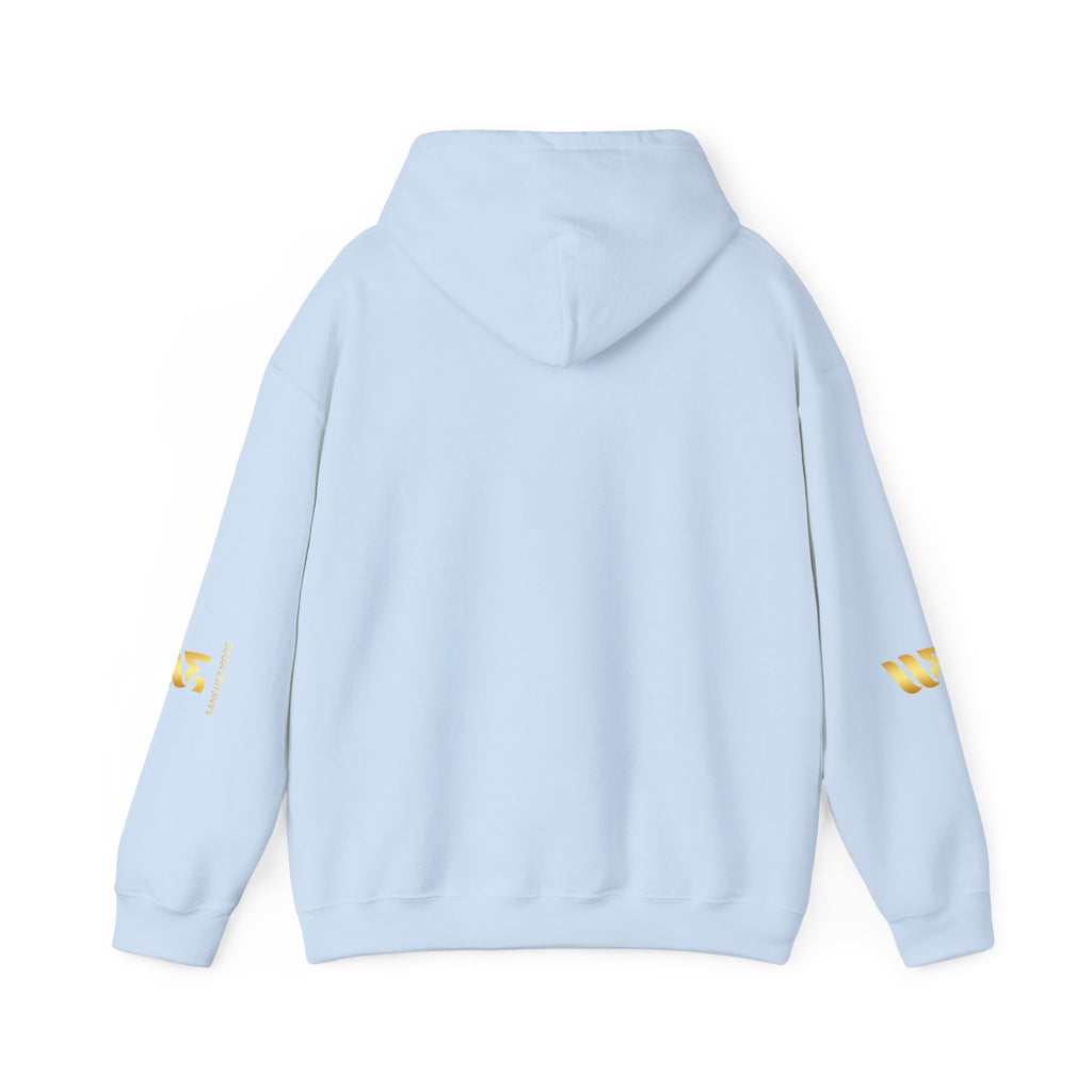 Minimal Gold Accent Hoodie — White Pullover with Subtle Geometric & Sleeve Gold Foil