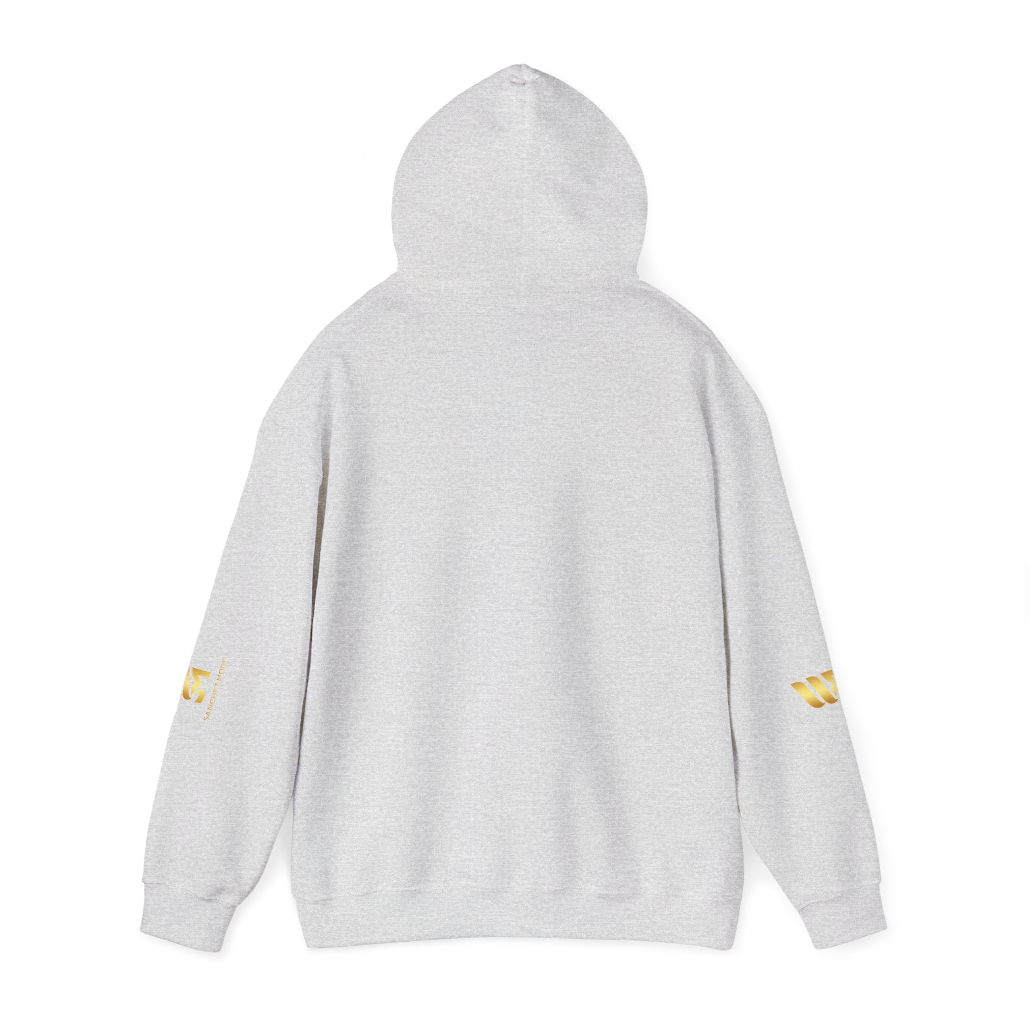 Minimal Gold Accent Hoodie — White Pullover with Subtle Geometric & Sleeve Gold Foil