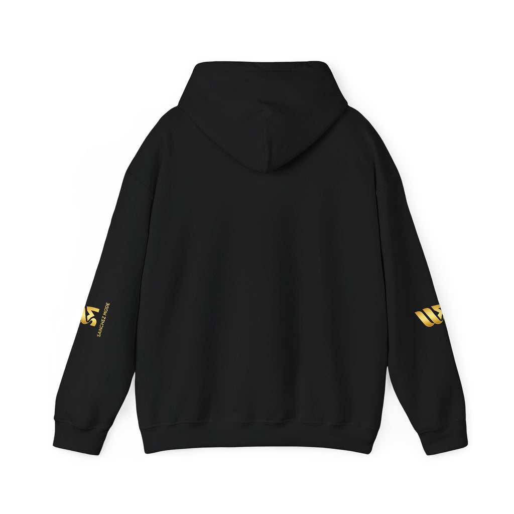 Minimal Gold Accent Hoodie — White Pullover with Subtle Geometric & Sleeve Gold Foil
