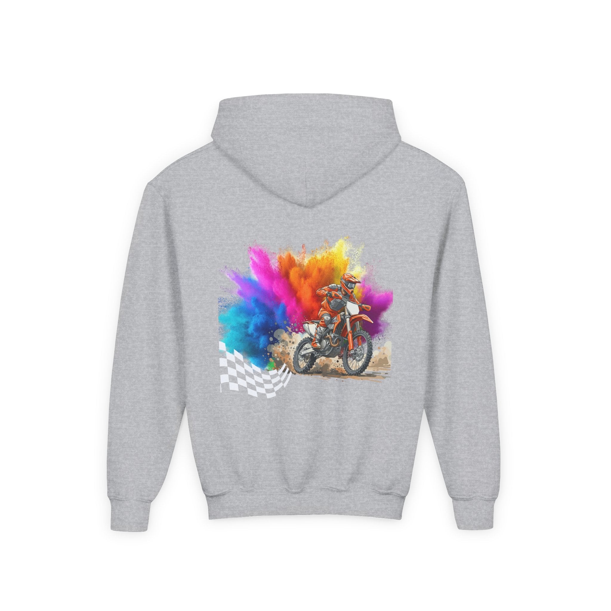 Youth Hoodie — Color Explosion Dirt Bike Pullover with Checkered Flag Back Graphic