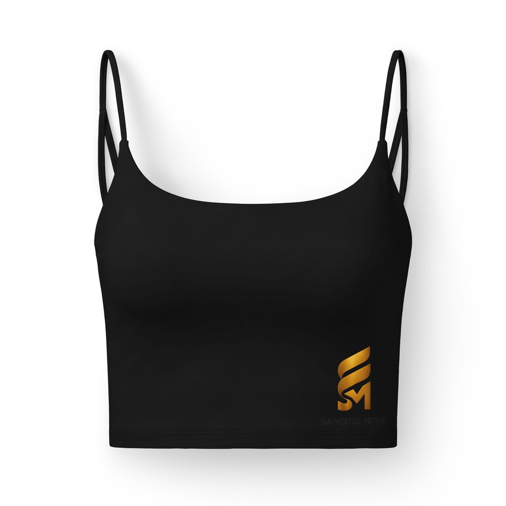 Luxe Strappy Bra — Black Seamless Crop with Gold Logo