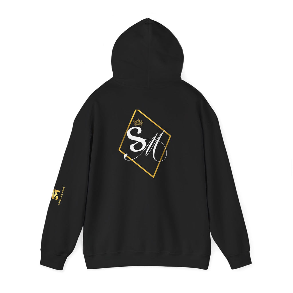 Minimalist Geometric Logo Hoodie — Gold Accent Back & Sleeve Design