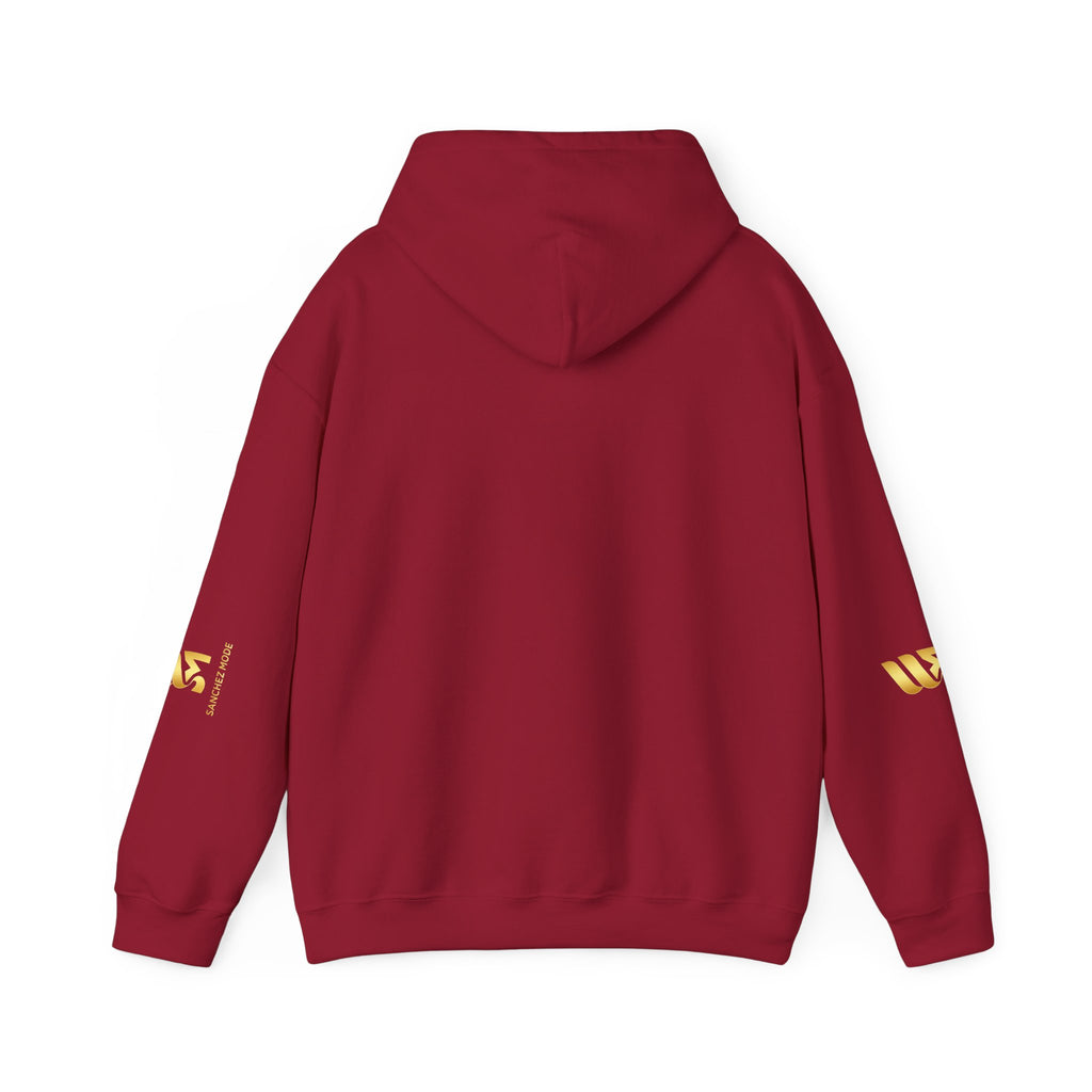 Minimal Gold Accent Hoodie — White Pullover with Subtle Geometric & Sleeve Gold Foil
