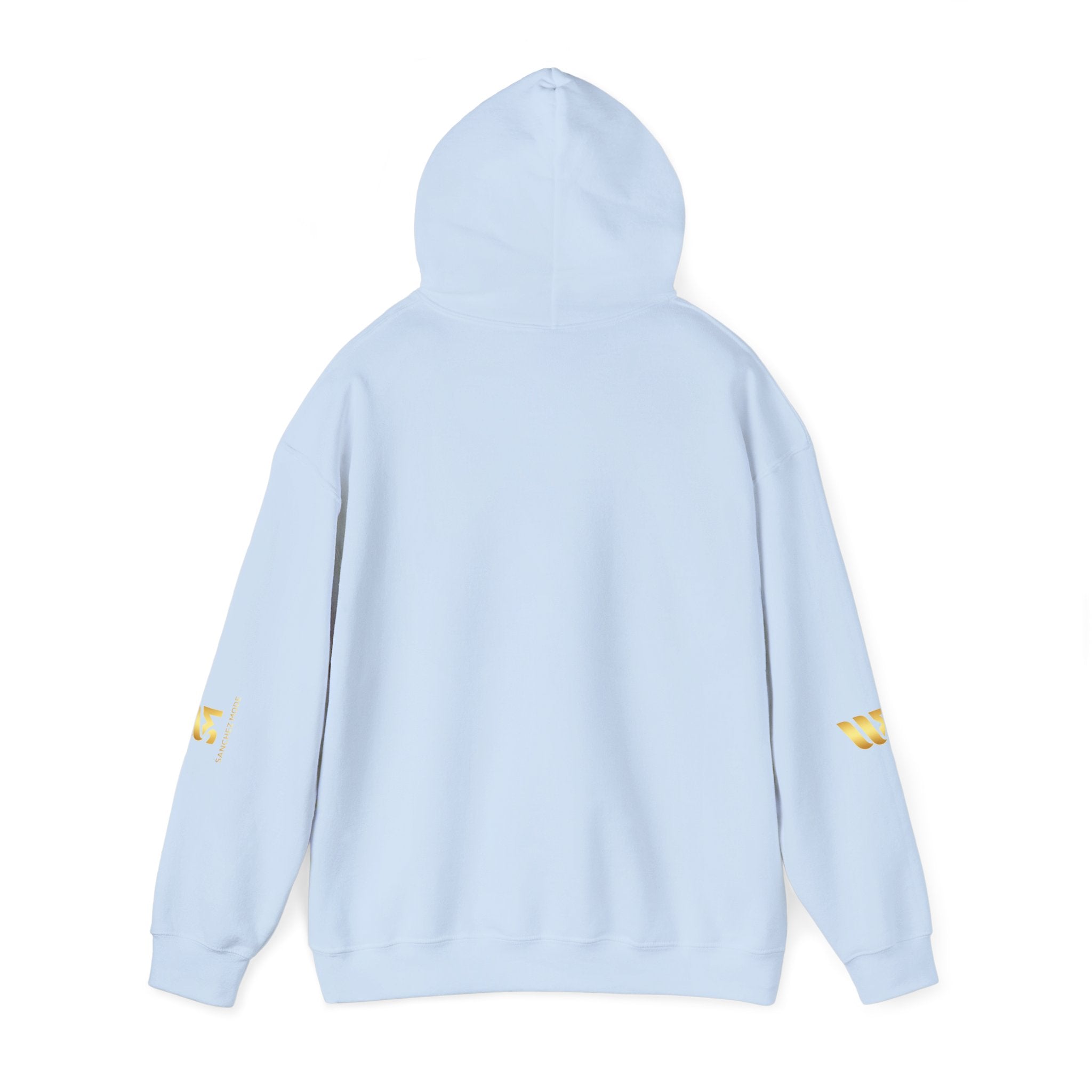 Minimal Gold Accent Hoodie — White Pullover with Subtle Geometric & Sleeve Gold Foil