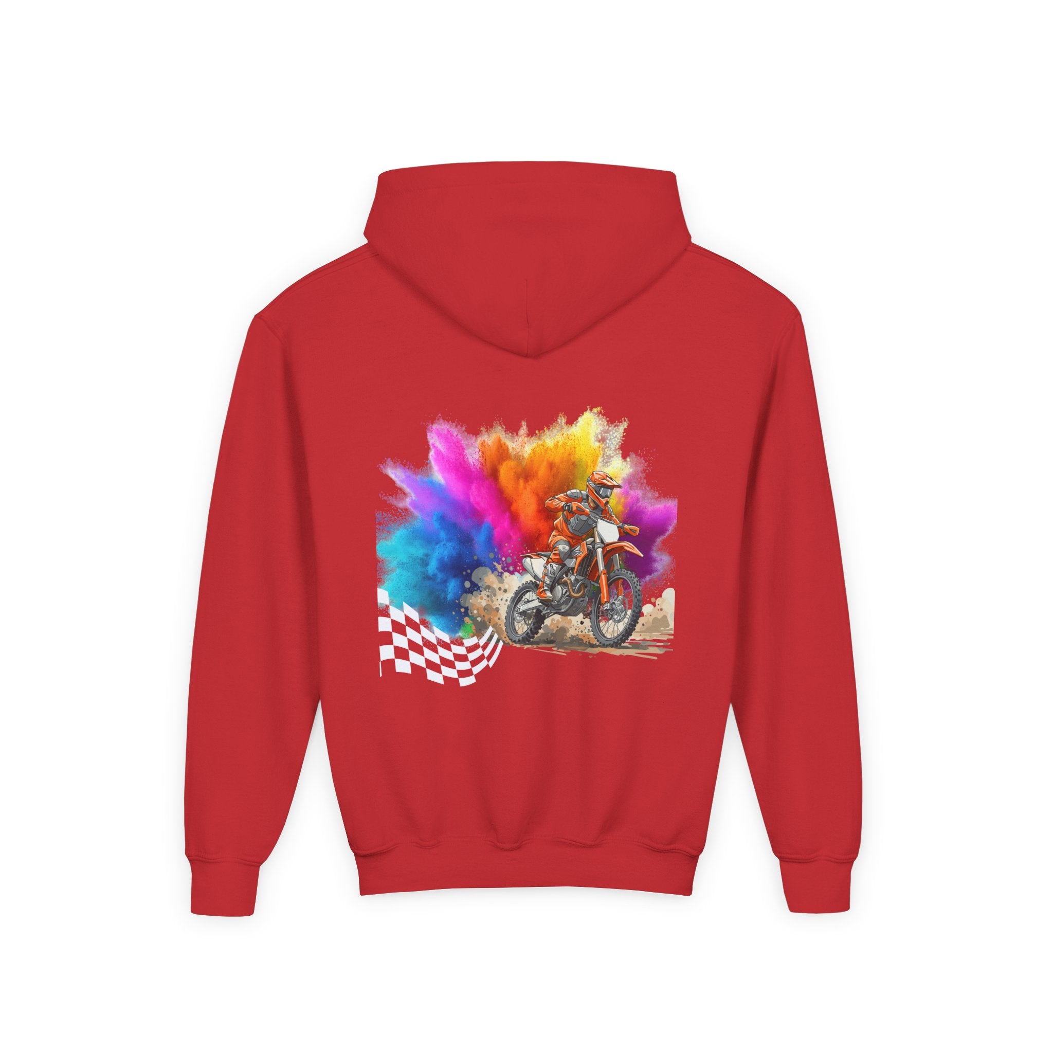Youth Hoodie — Color Explosion Dirt Bike Pullover with Checkered Flag Back Graphic