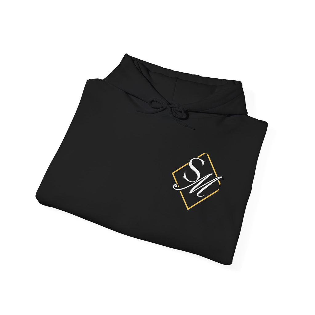 Minimal Gold Accent Hoodie — White Pullover with Subtle Geometric & Sleeve Gold Foil
