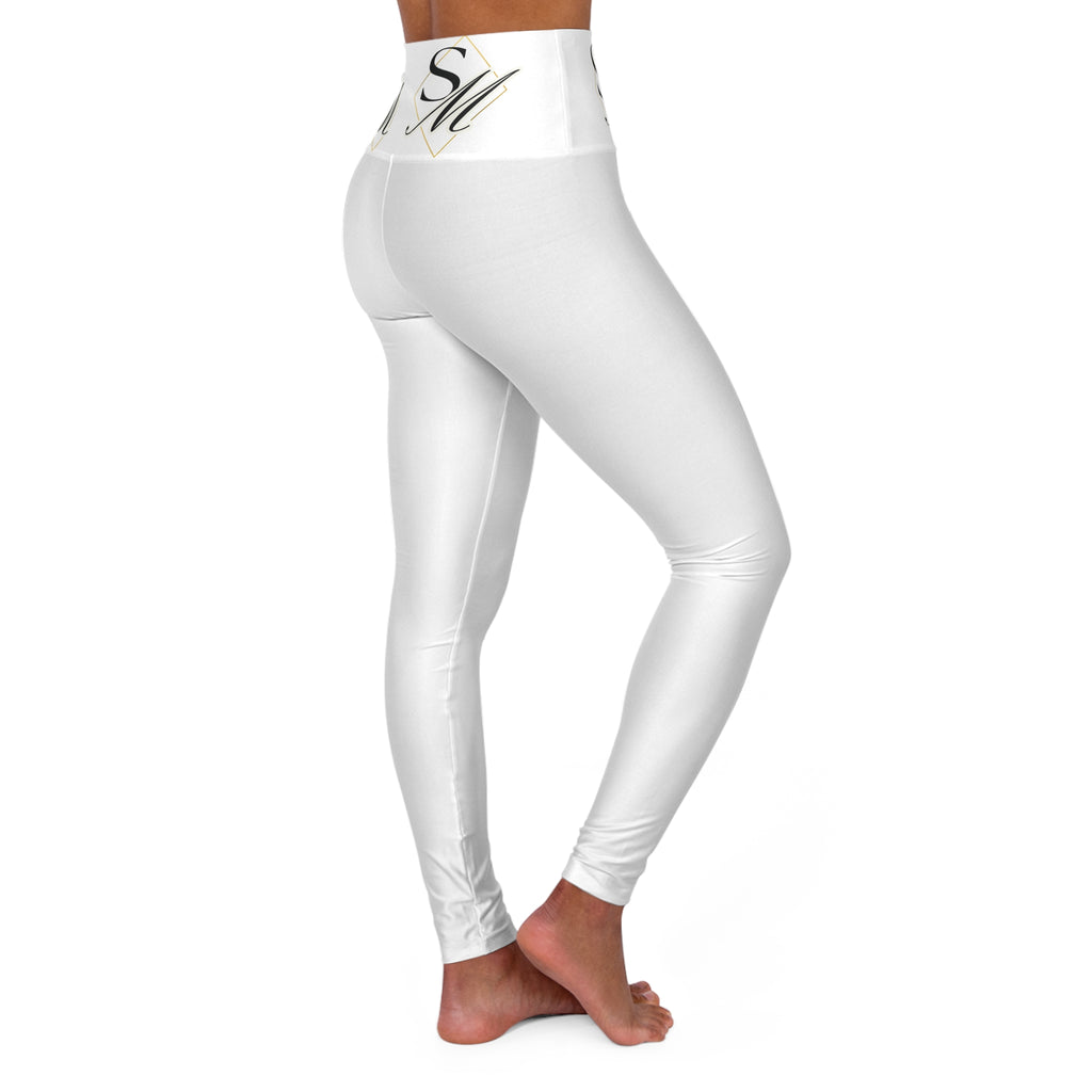 High-Waisted Yoga Leggings — White AOP with Gold Script "SM" Waistband