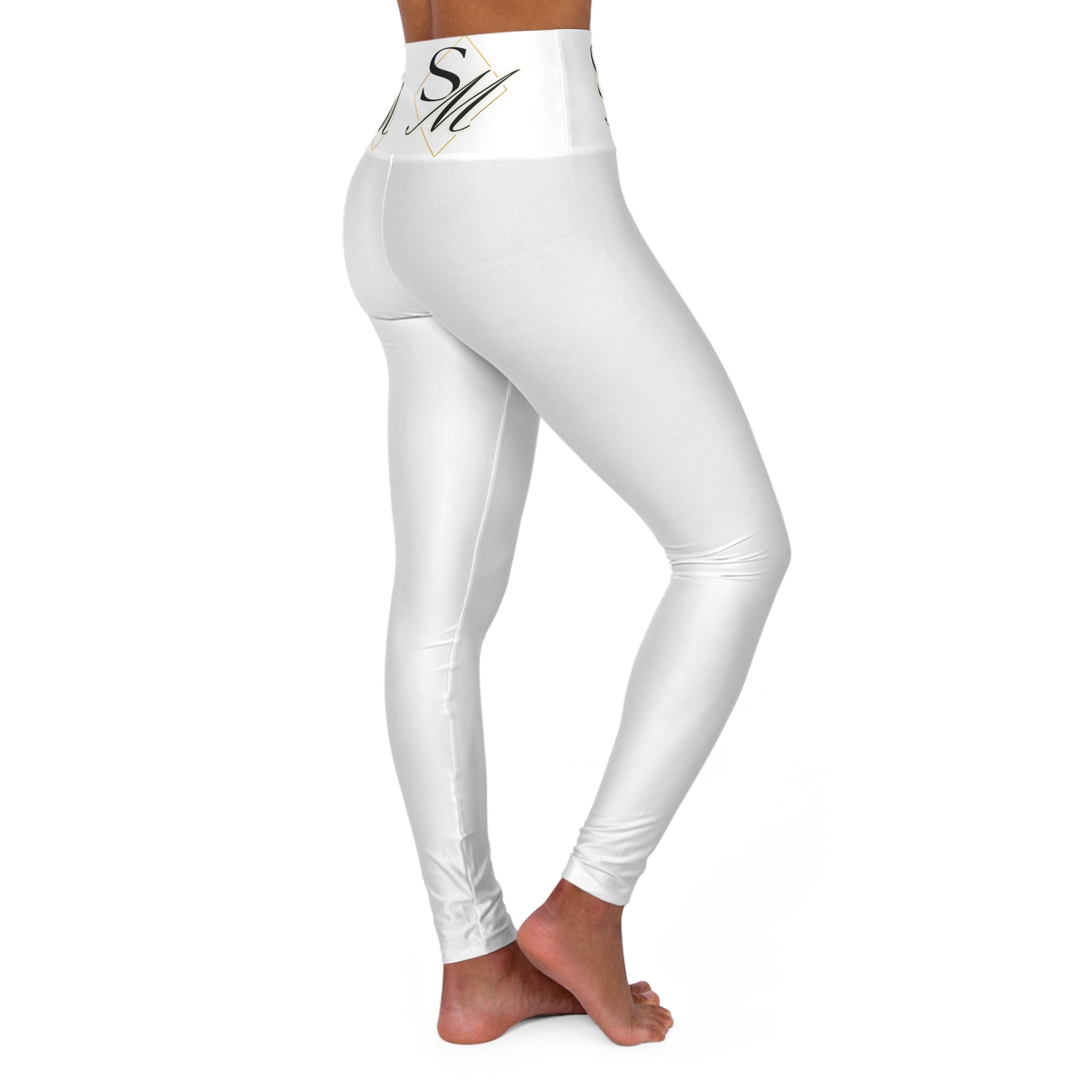 High-Waisted Yoga Leggings — White AOP with Gold Script "SM" Waistband