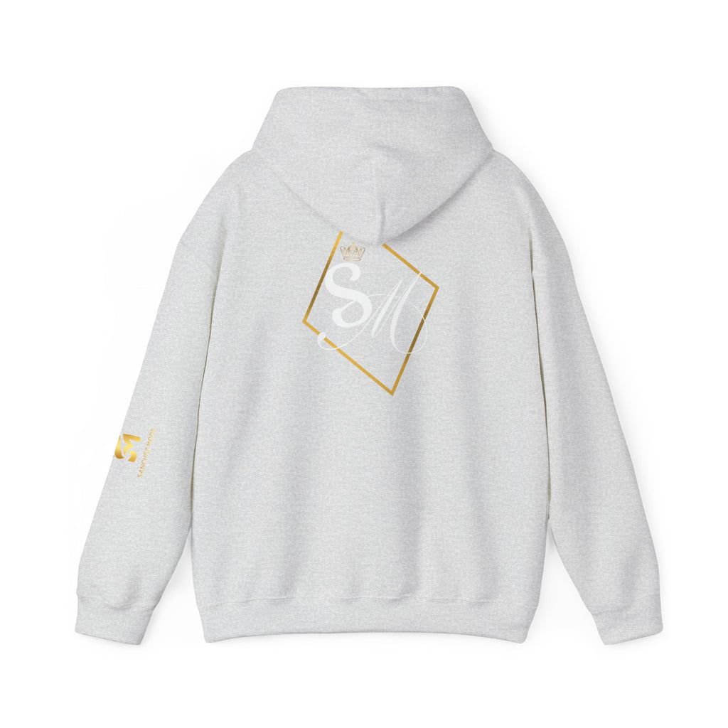Minimalist Geometric Logo Hoodie — Gold Accent Back & Sleeve Design
