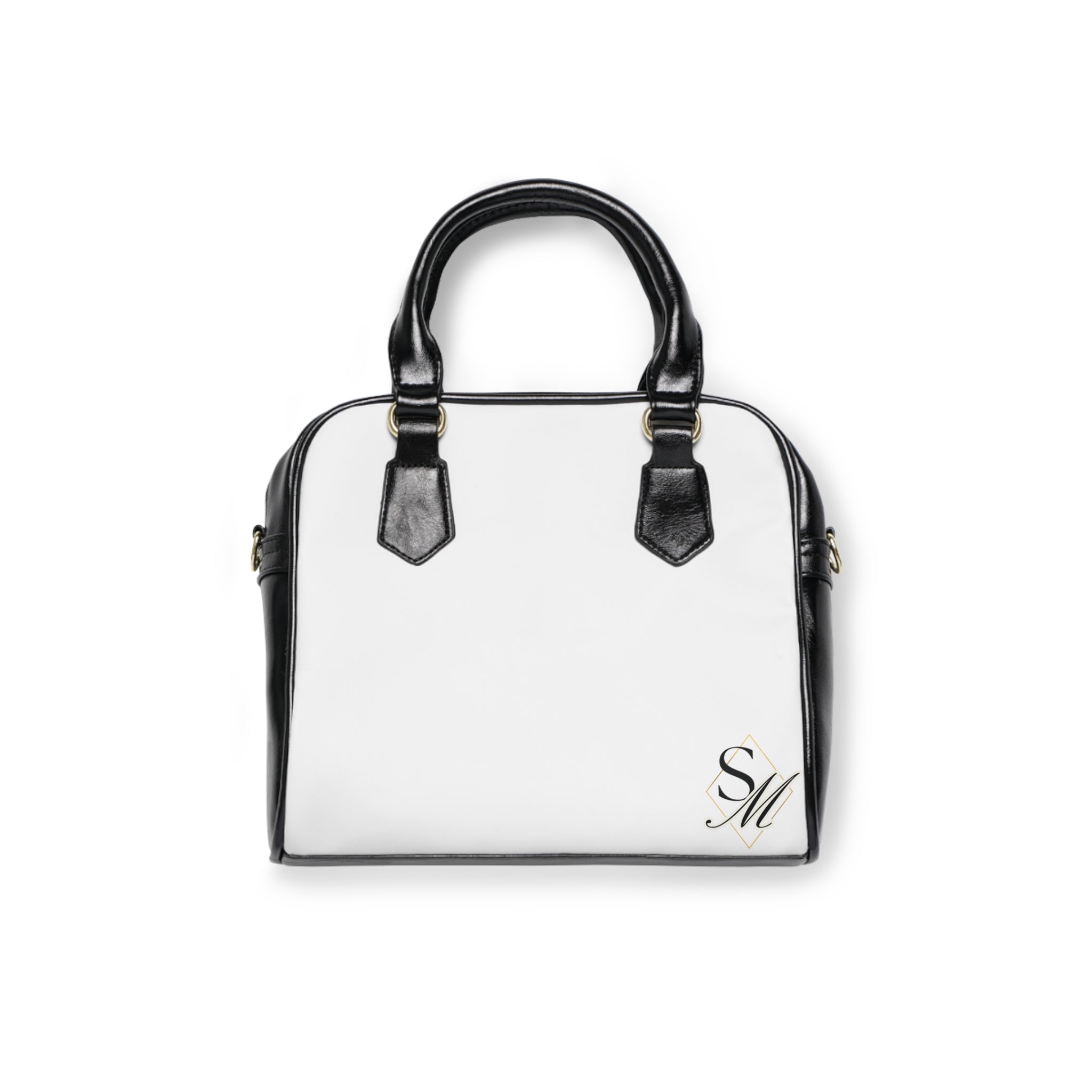Monogram Shoulder Handbag – Elegant White & Black Leather Tote with SM Initial