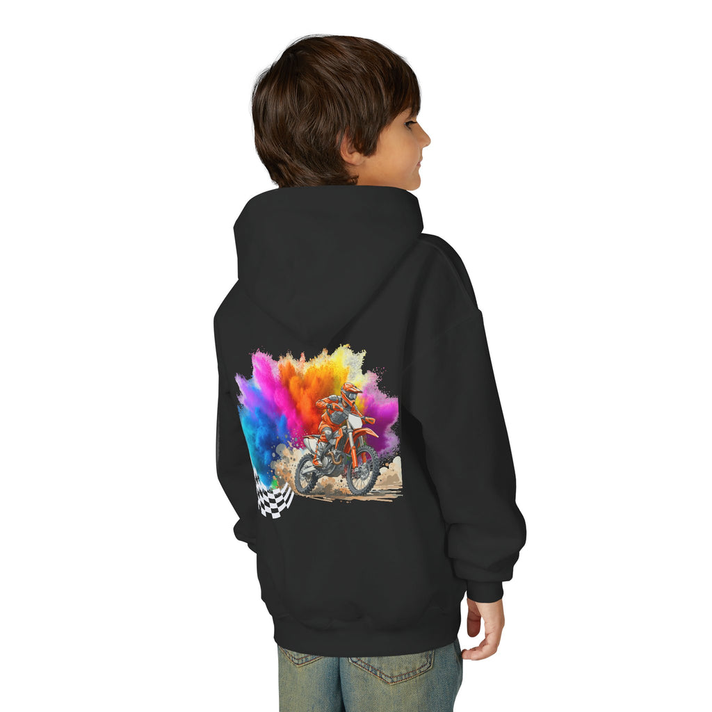 Youth Hoodie — Color Explosion Dirt Bike Pullover with Checkered Flag Back Graphic