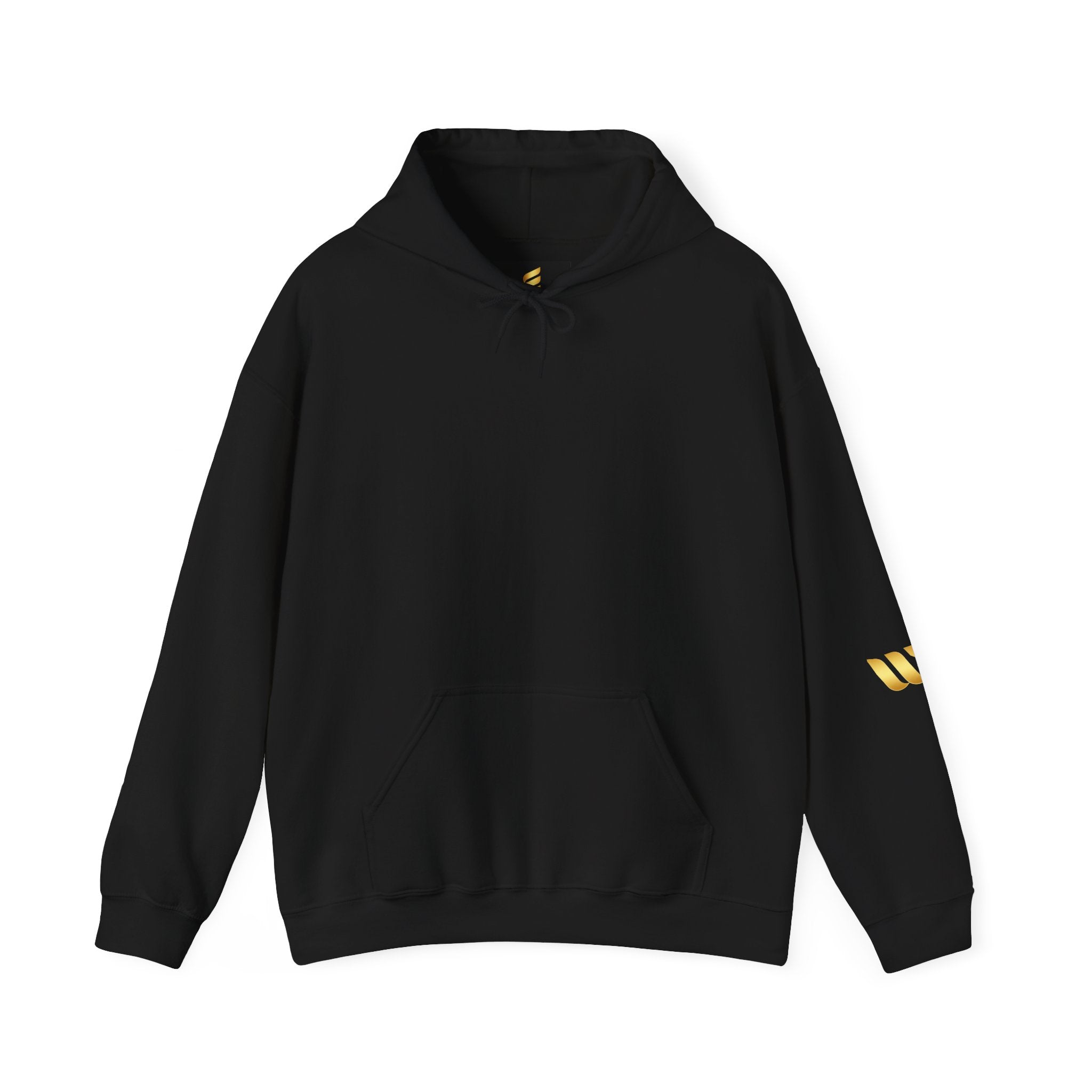 Minimalist Geometric Logo Hoodie — Gold Accent Back & Sleeve Design