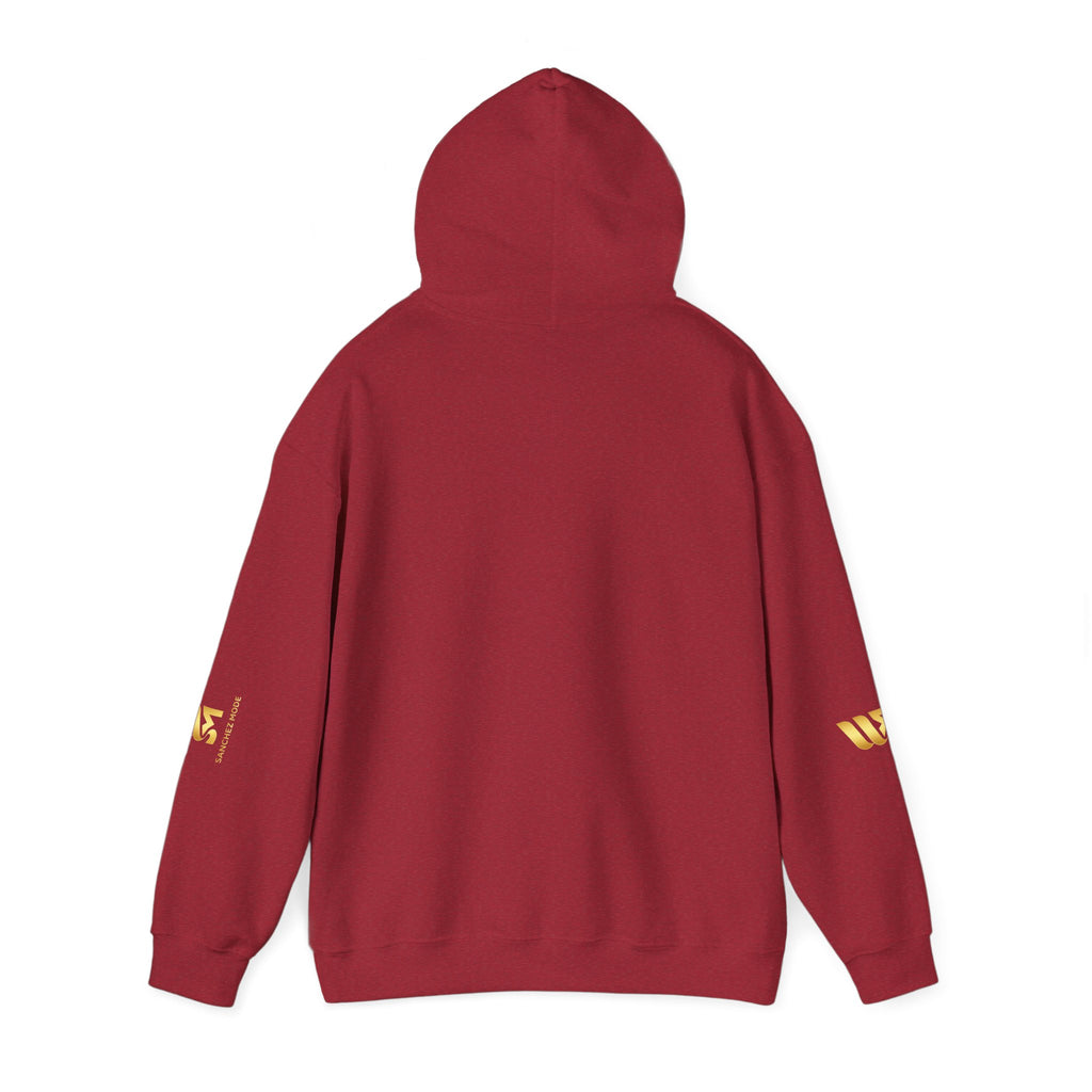 Minimal Gold Accent Hoodie — White Pullover with Subtle Geometric & Sleeve Gold Foil