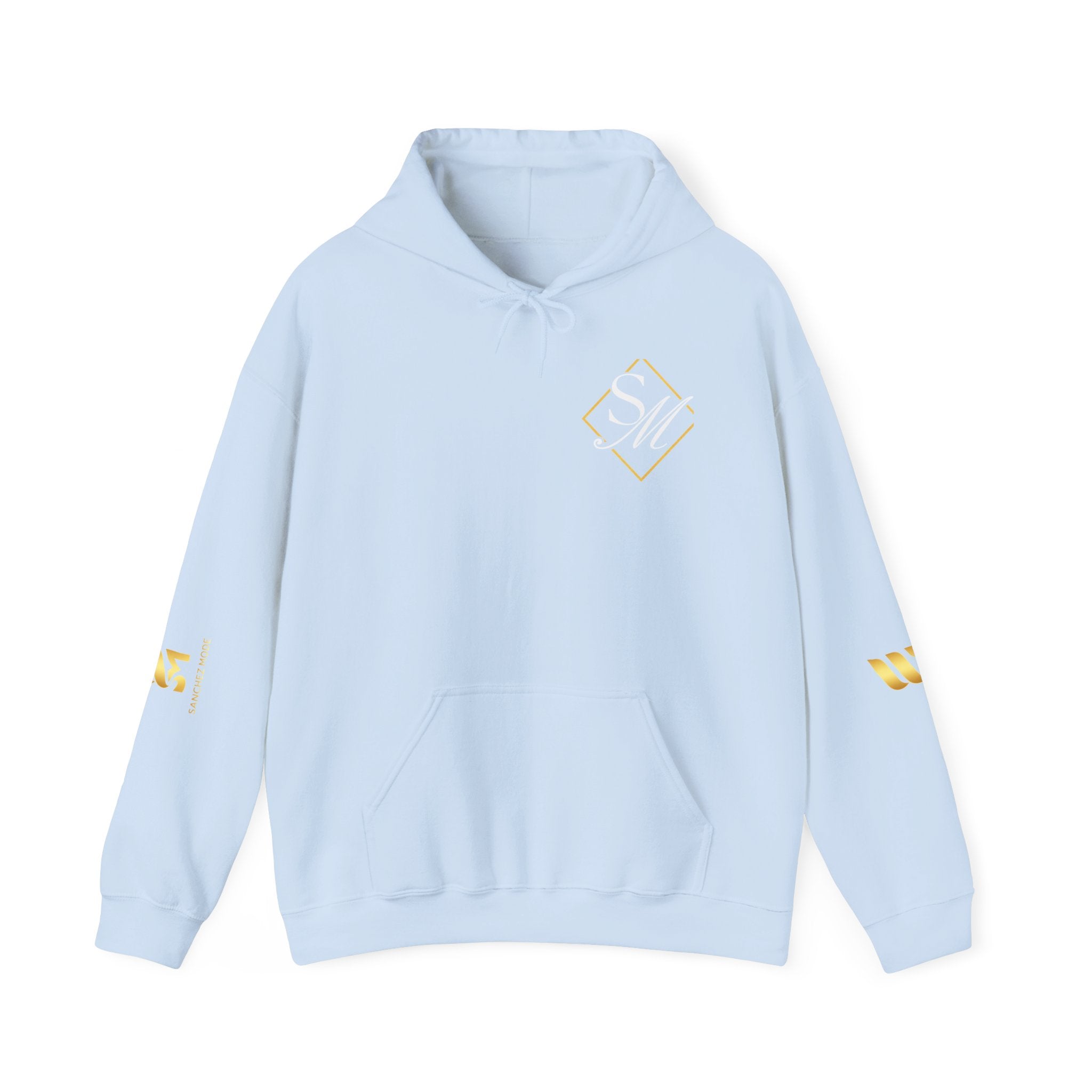 Minimal Gold Accent Hoodie — White Pullover with Subtle Geometric & Sleeve Gold Foil