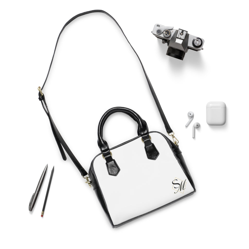 Monogram Shoulder Handbag – Elegant White & Black Leather Tote with SM Initial