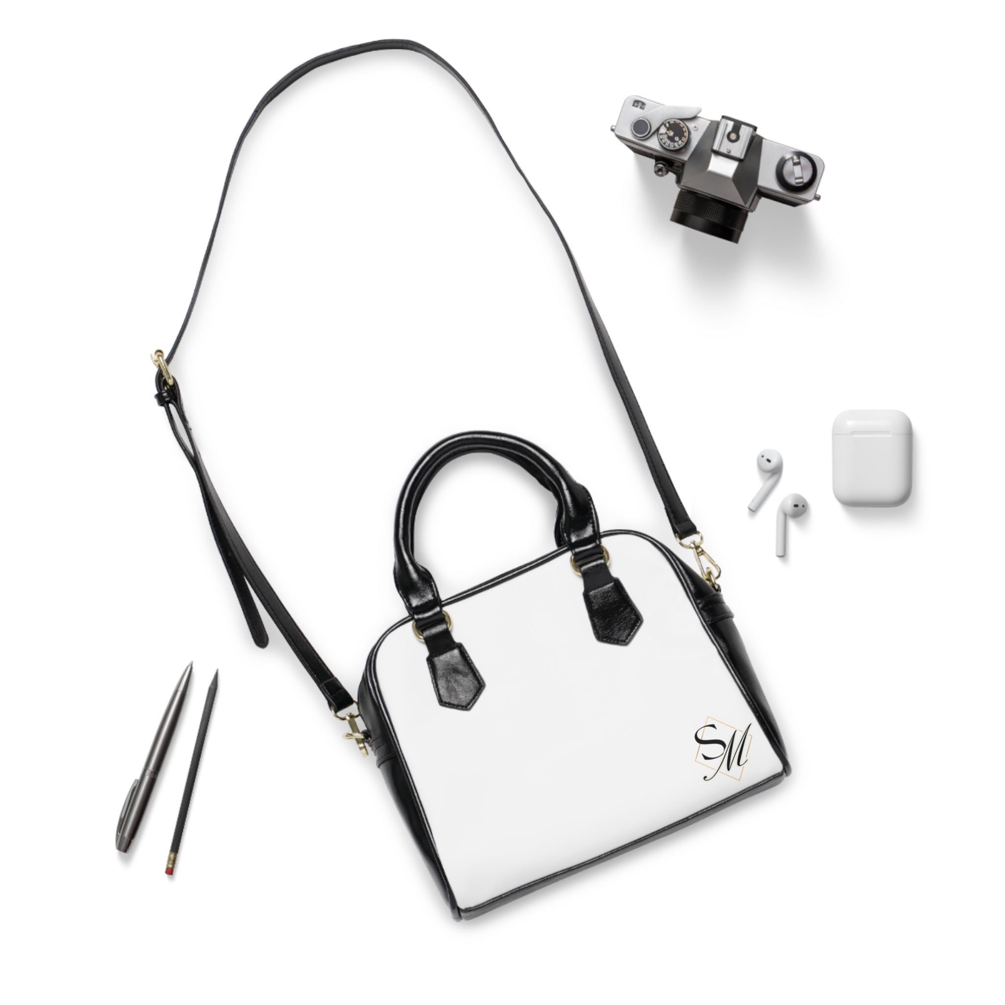 Monogram Shoulder Handbag – Elegant White & Black Leather Tote with SM Initial