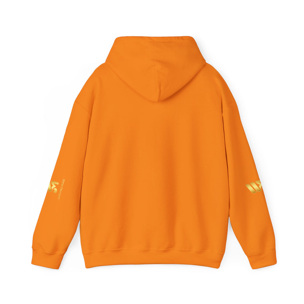 Minimal Gold Accent Hoodie — White Pullover with Subtle Geometric & Sleeve Gold Foil
