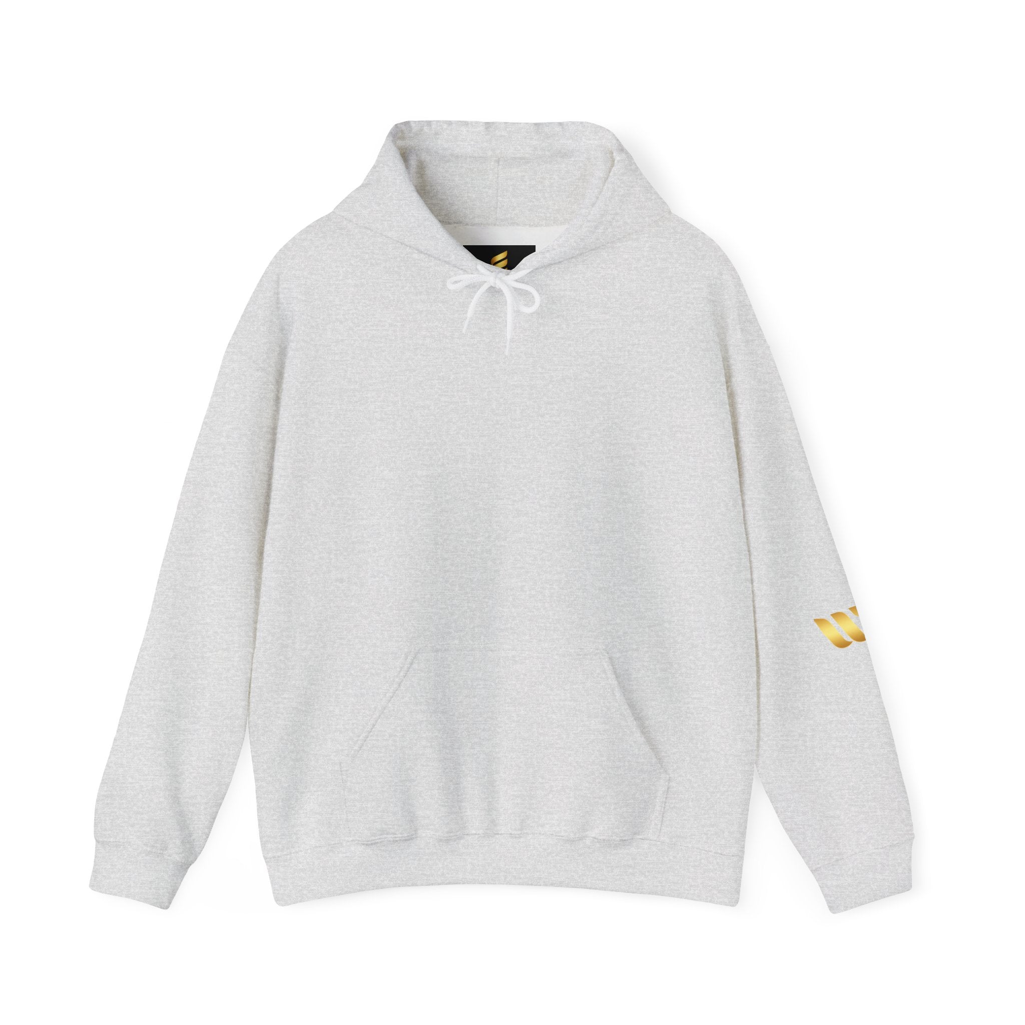 Minimalist Geometric Logo Hoodie — Gold Accent Back & Sleeve Design