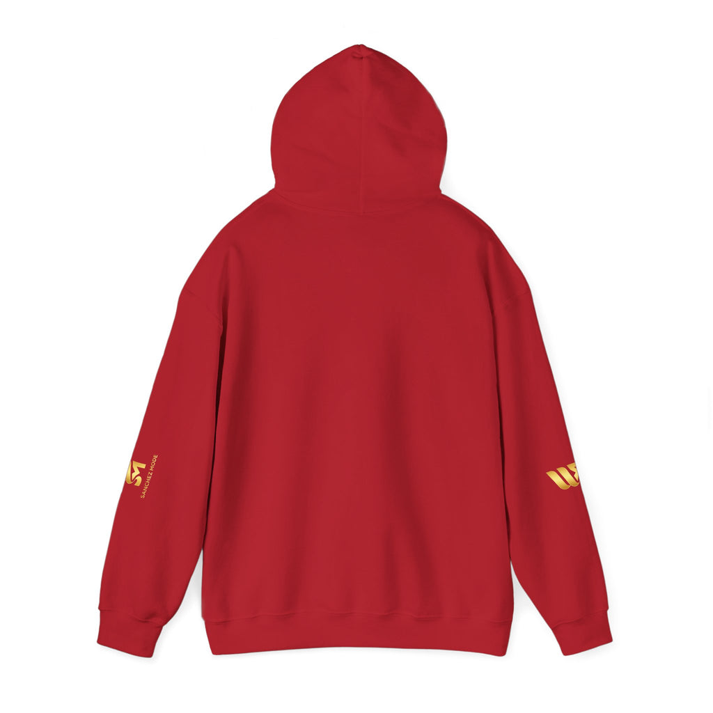 Minimal Gold Accent Hoodie — White Pullover with Subtle Geometric & Sleeve Gold Foil