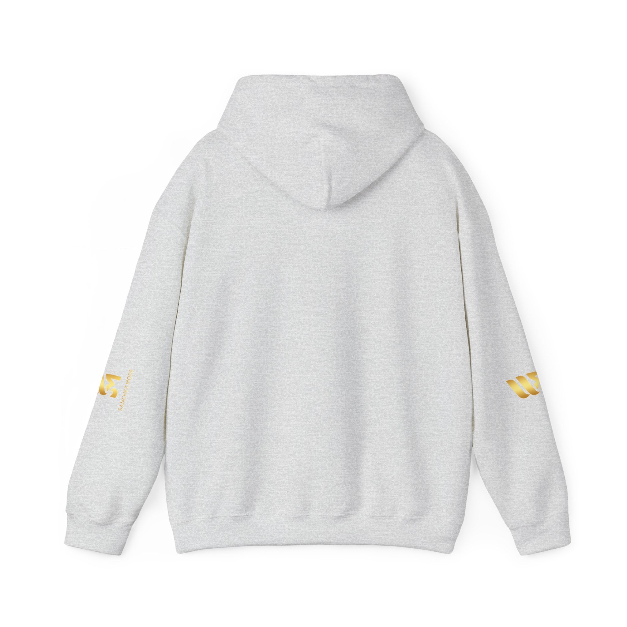 Minimal Gold Accent Hoodie — White Pullover with Subtle Geometric & Sleeve Gold Foil