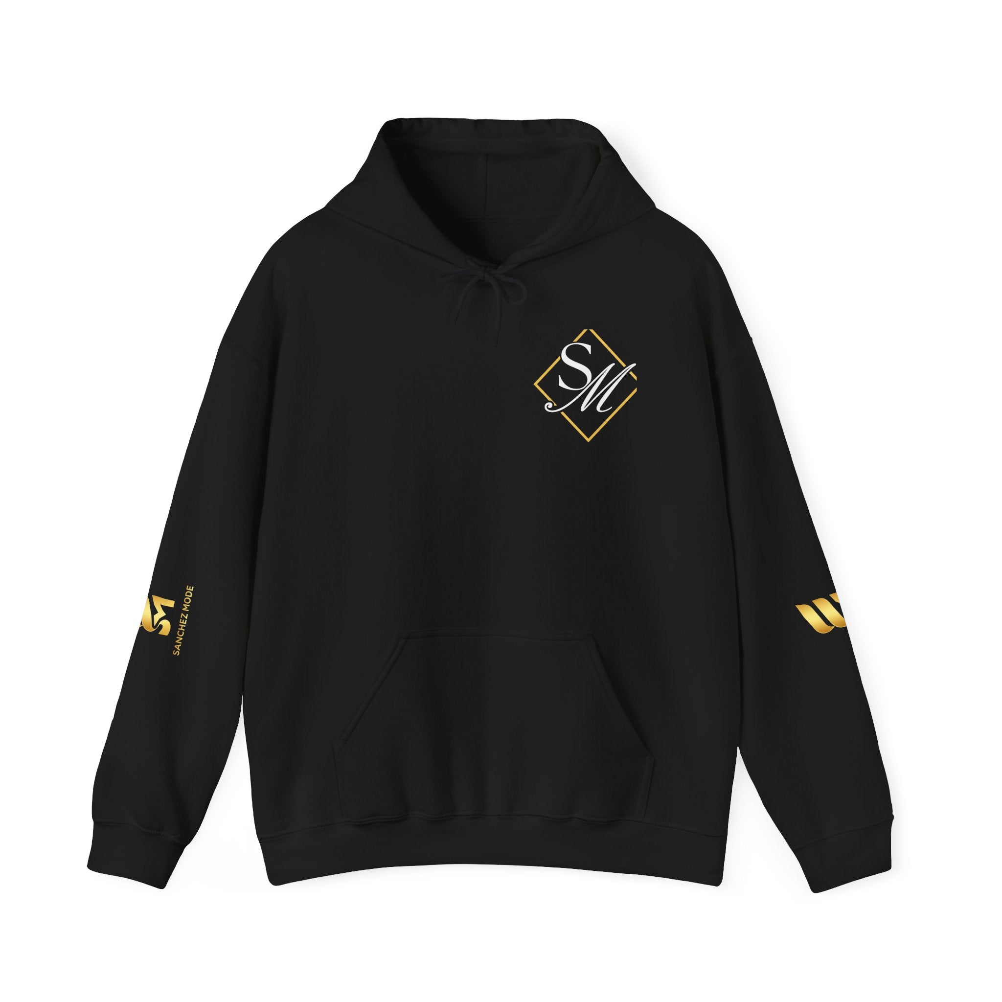 Minimal Gold Accent Hoodie — White Pullover with Subtle Geometric & Sleeve Gold Foil