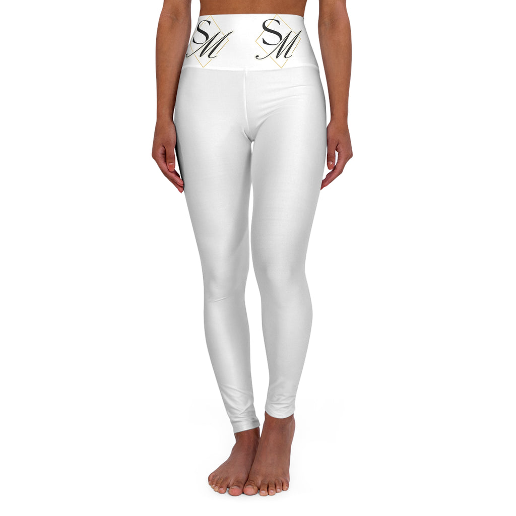 High-Waisted Yoga Leggings — White AOP with Gold Script "SM" Waistband
