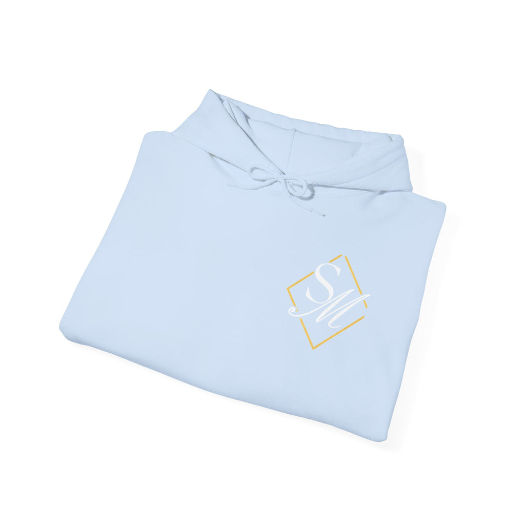 Minimal Gold Accent Hoodie — White Pullover with Subtle Geometric & Sleeve Gold Foil