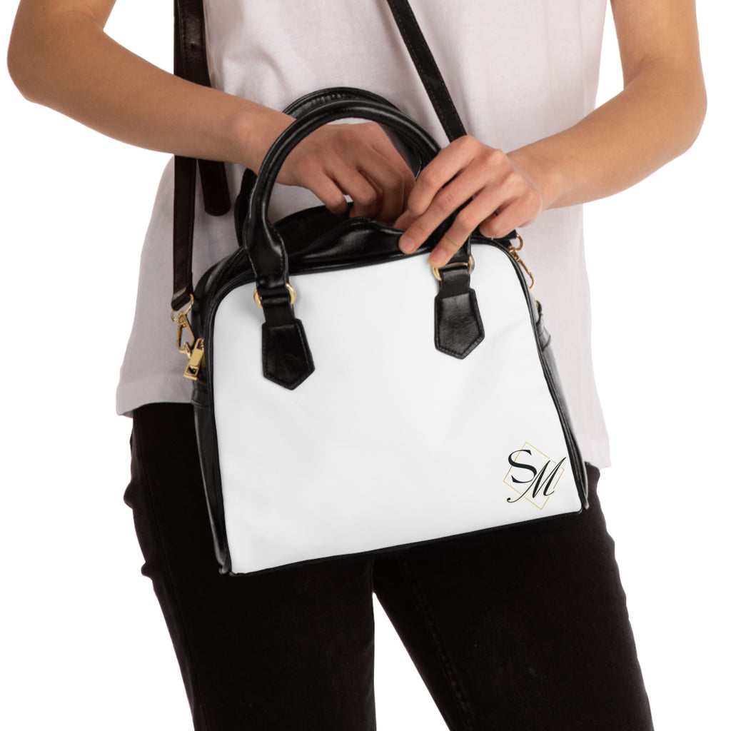 Monogram Shoulder Handbag – Elegant White & Black Leather Tote with SM Initial