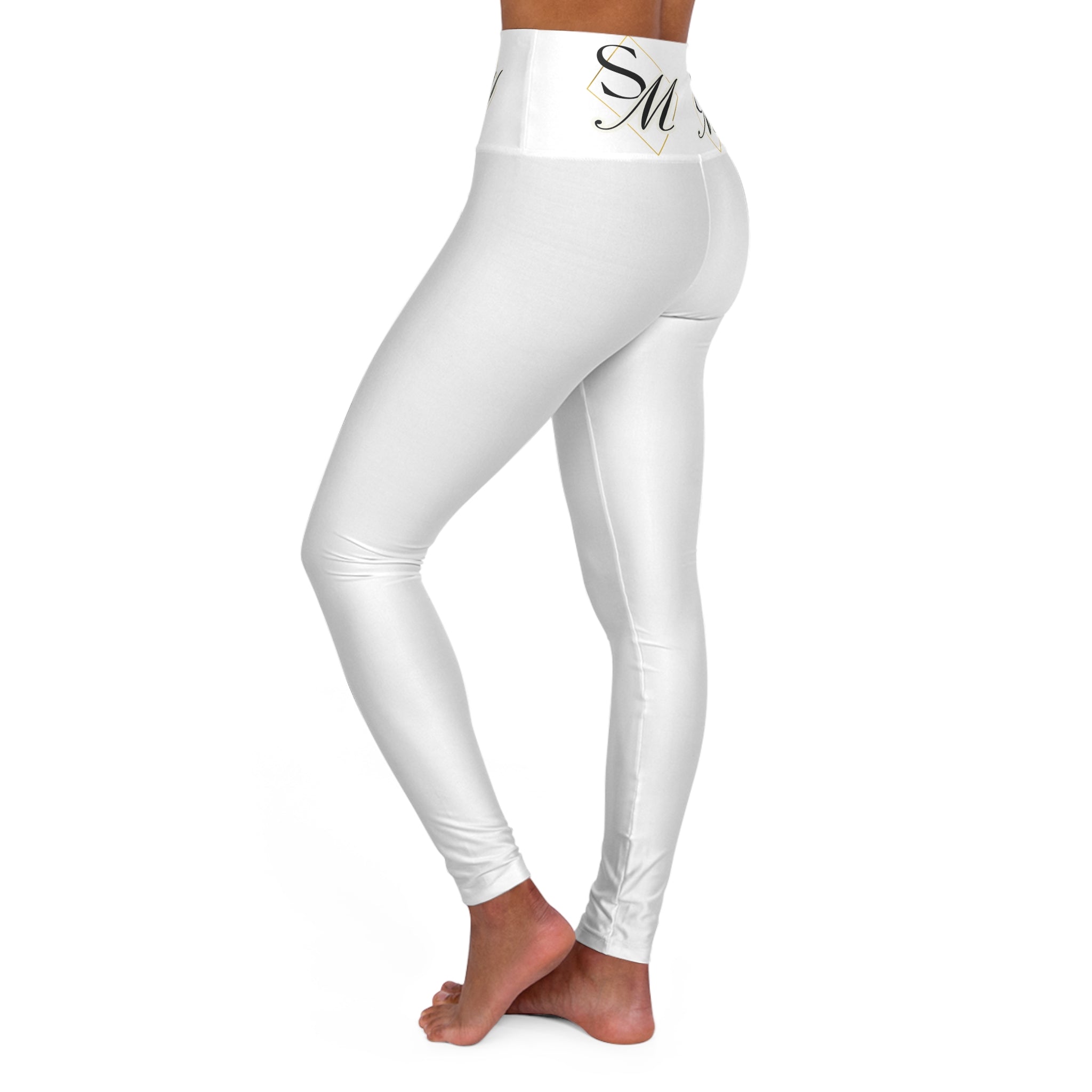 High-Waisted Yoga Leggings — White AOP with Gold Script "SM" Waistband