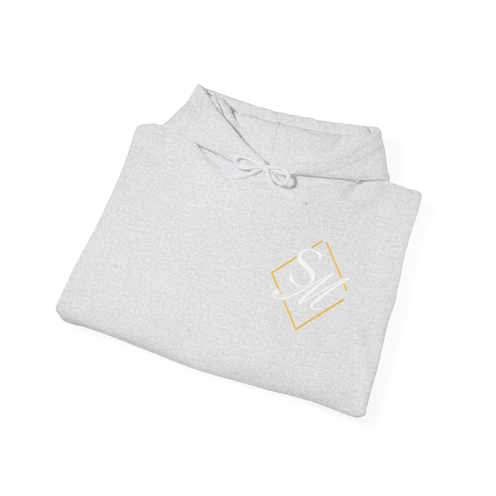 Minimal Gold Accent Hoodie — White Pullover with Subtle Geometric & Sleeve Gold Foil