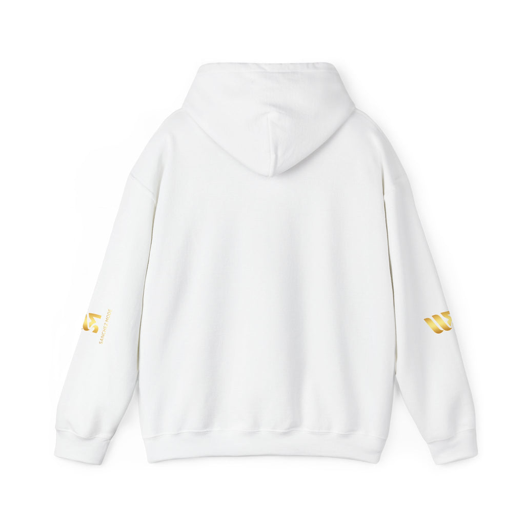 Minimal Gold Accent Hoodie — White Pullover with Subtle Geometric & Sleeve Gold Foil