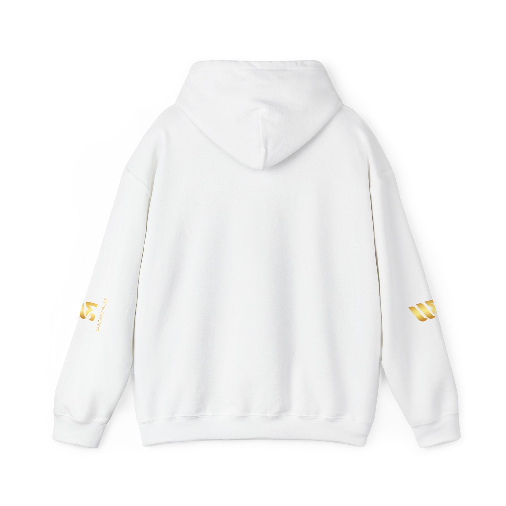 Minimal Gold Accent Hoodie — White Pullover with Subtle Geometric & Sleeve Gold Foil