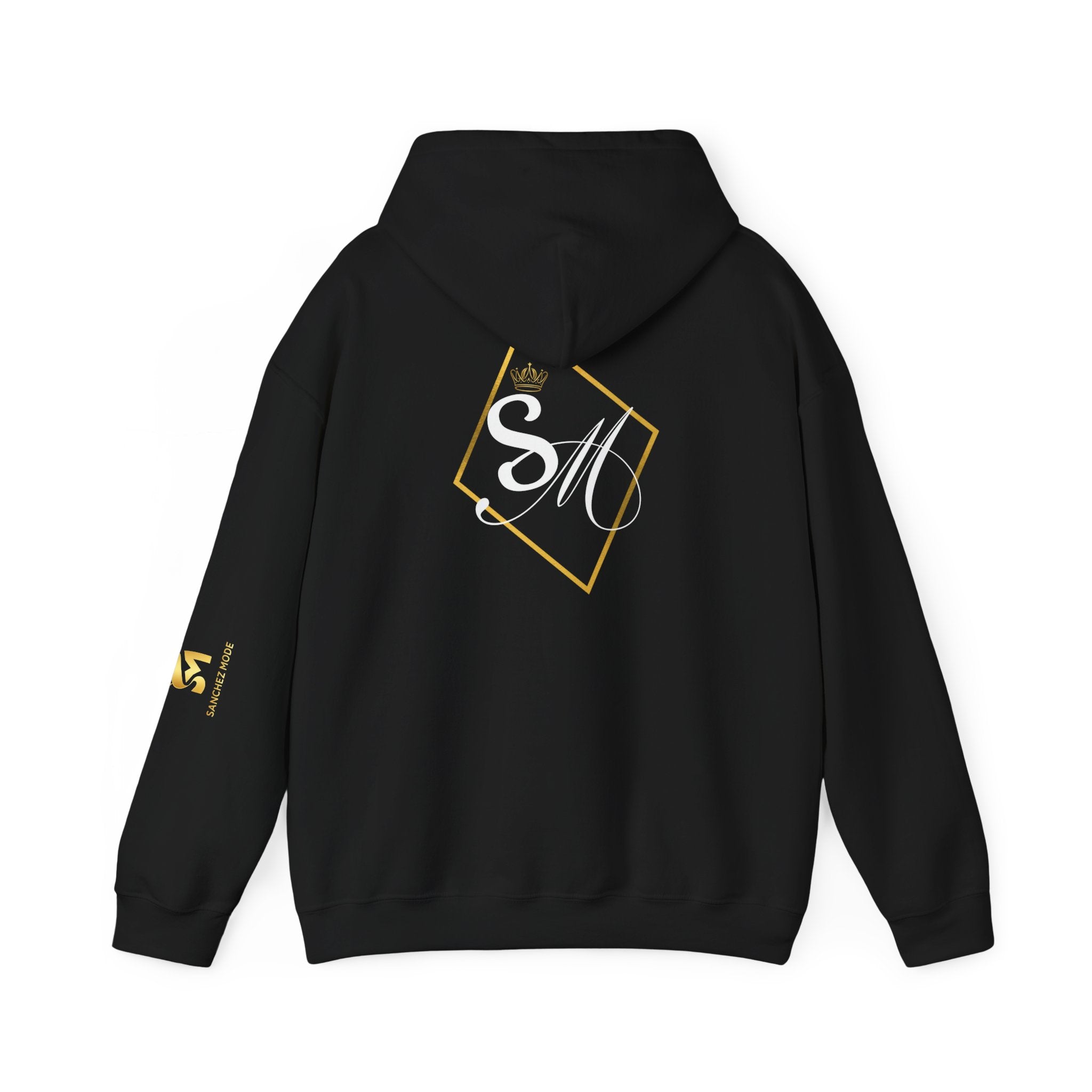 Minimalist Geometric Logo Hoodie — Gold Accent Back & Sleeve Design