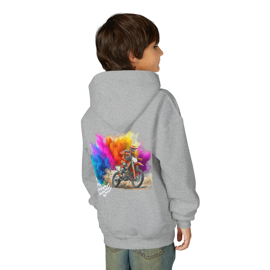 Youth Hoodie — Color Explosion Dirt Bike Pullover with Checkered Flag Back Graphic